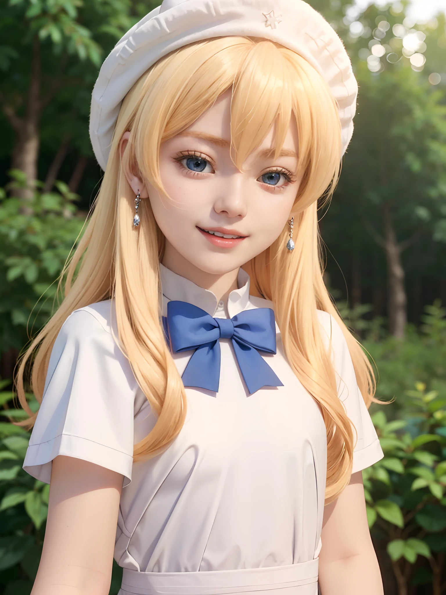 (masuter piece、Best Quality、Cute symmetrical face、Norse man、Beautiful blonde hair with bangs、Medium shorthair blonde:1.6、1 girl、Very young pretty girl、Very dish girl:1.5、Very young pretty girl、Very small cute girl、Deities々Shii Girl、Very young face、Symmetrical and very cute face)、(Beautiful shiny beautiful blonde hair with bangs、Intense crystal light blue eyes、Pale colored crystal light blue eyes、no earrings、Beautiful white skin)、(Cute costume of Santa Claus in red and white、Cute hat of Santa Claus in red and white、Very cute girl from Santa Claus)、5ars old、Very young very cute girl:1.5、Deities々Cute liirl、very cute female child、happily laughing、Smile happily、The best smile、Beautiful teeth、Beautiful teeth alignment、Beautiful skins、Staring into the distance on the left、Forest with light on beautiful nature background、Deities々Deep forest background、Winter forest background、cowboy  shot