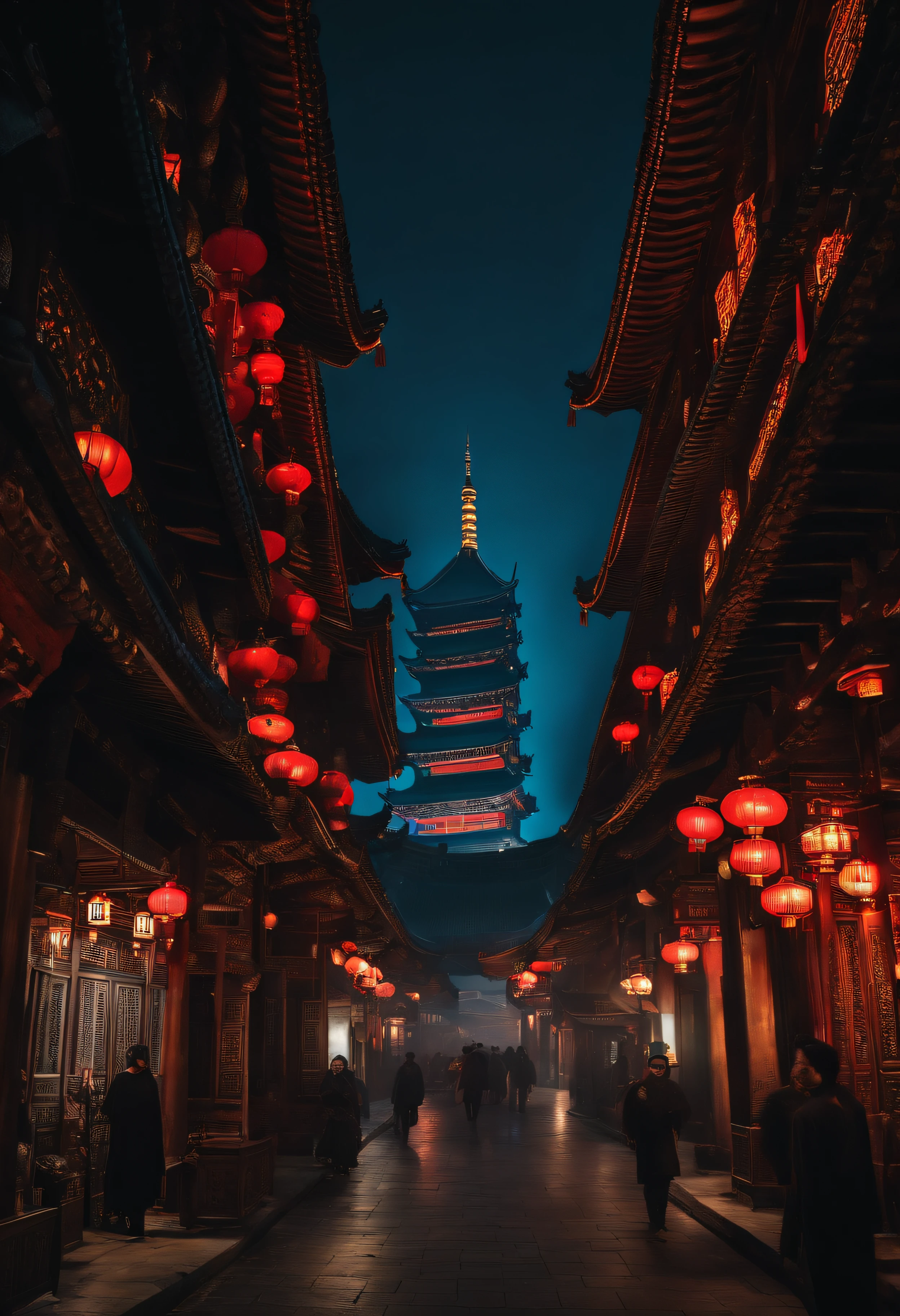 The top half of the picture is a high-rise building with a technological style,Below are ancient Chinese buildings,There is a black-cloaked assassin on the building