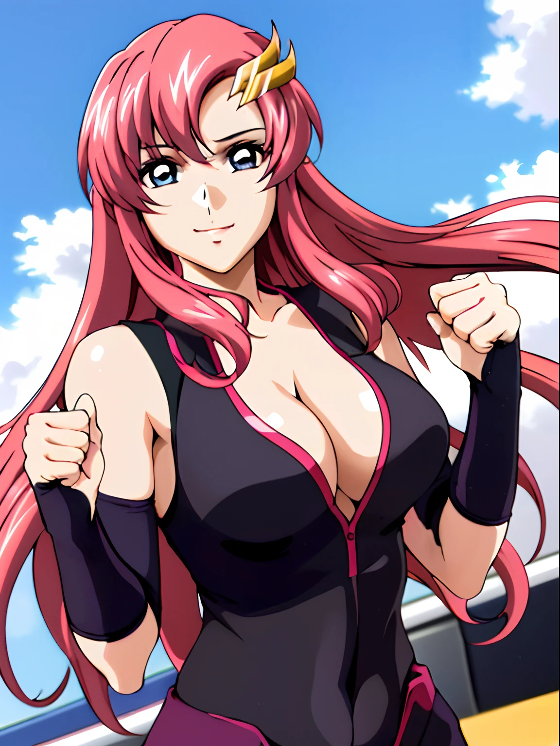 (masterpiece, upper body view, 4K, Best Quality, Anime style: 1.9,, Adult Woman, ultra detailed face, (cloud background, wrestling), Drawing lines, high resolution, Anime, lacus4), 1girl, Solo, curvy figure, Long hair, 鎖骨, scapular, (Detailed wide hair bangs, Hair Ornament, Detailed reddish-pink hair, golden crest), cleavage, large hands, (female wrestler). (Big blue eyes, shiny eyes), ((female wrestler, slender body, broad shoulders, closed fists)), ((perfect proportions, medium breasts, long belly)), (((spandex, pink wrestling gear))), confident, smile, (standing, looking at the viewer)