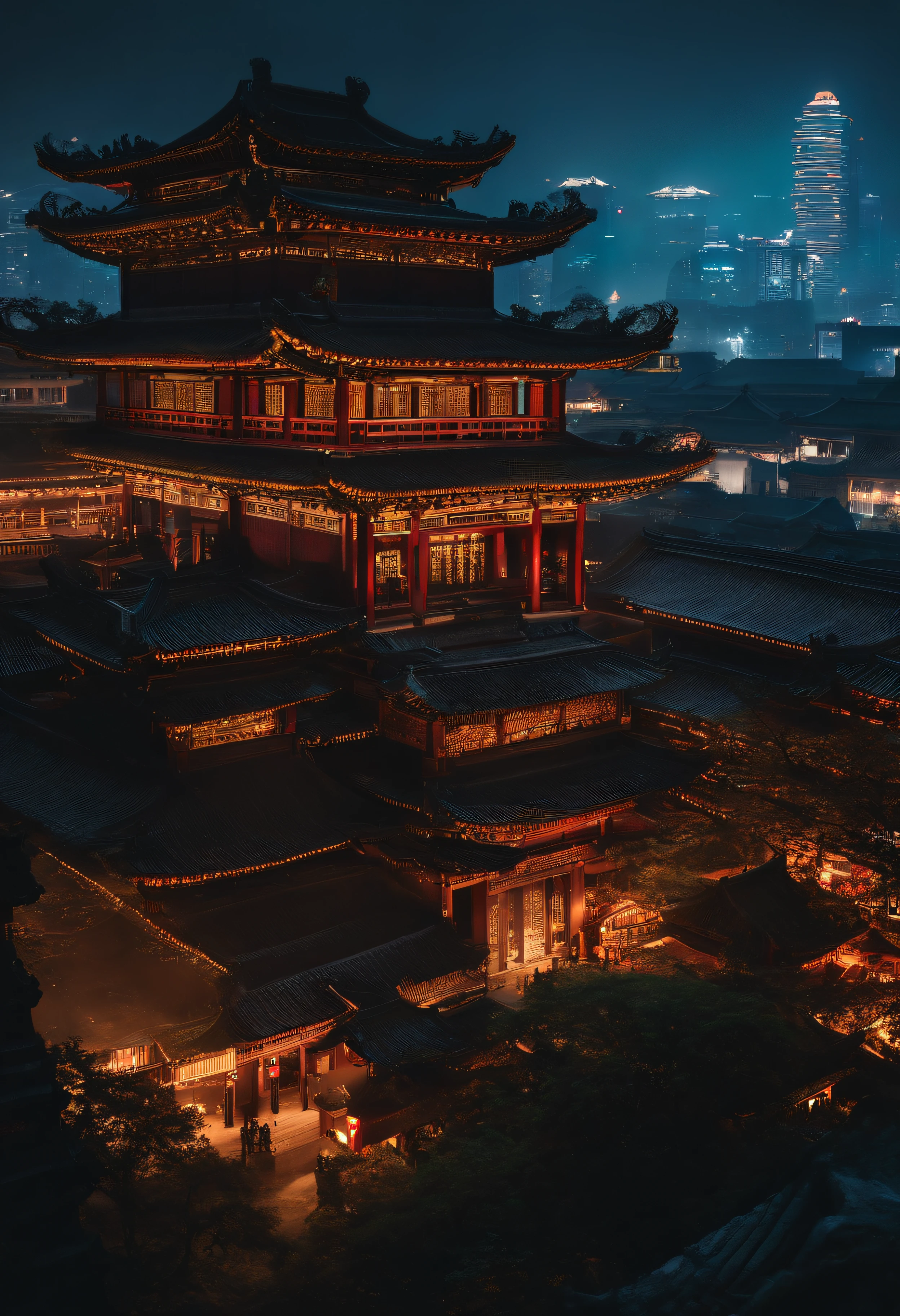 The top half of the picture is a high-rise building with a technological style,Below are ancient Chinese buildings,There is a black-cloaked assassin on the building
