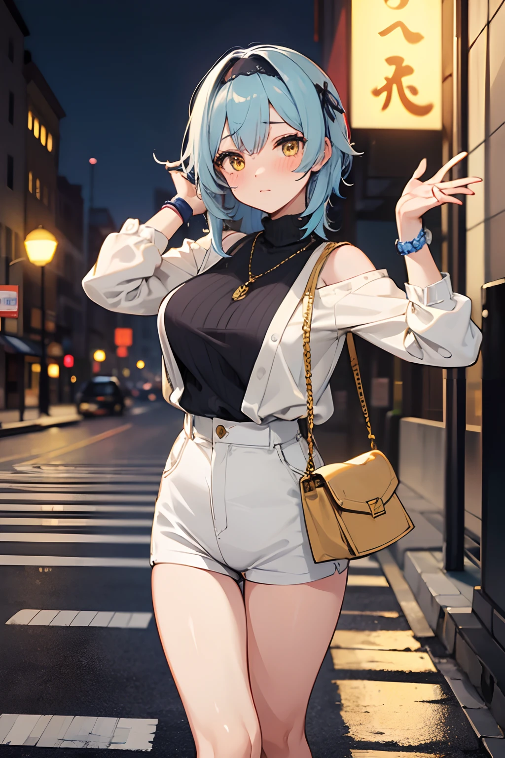 SFW, masterpiece, standing (woman 1), (((cute pose)), ((casual clothes))), yellow eyes, pouder blue hair, cute blush, (city), wind, blush, ((milf)), night, busy street, turtleneck, perfect hands, purse, off sholders