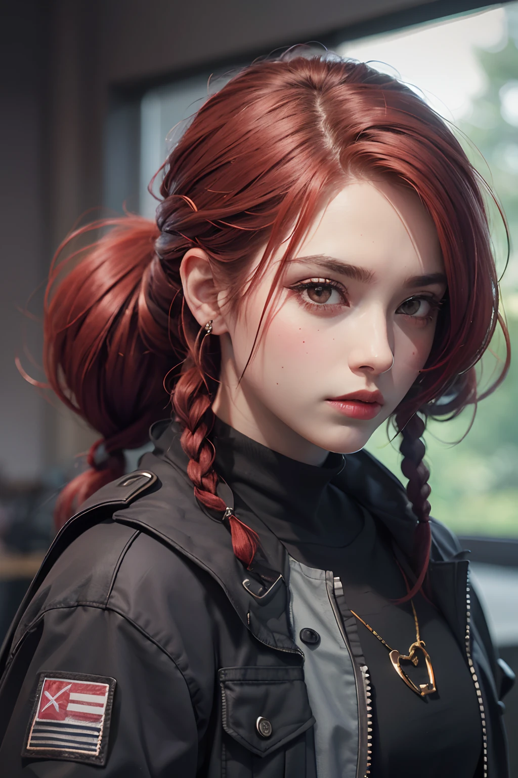 obra-prima, realista, 8k, (1homem:1.3), jaqueta techwear preta, moletom roxo escuro, (cabelo preto:1.3) , long reddish red hair with braids,), Macho, homem, masculino