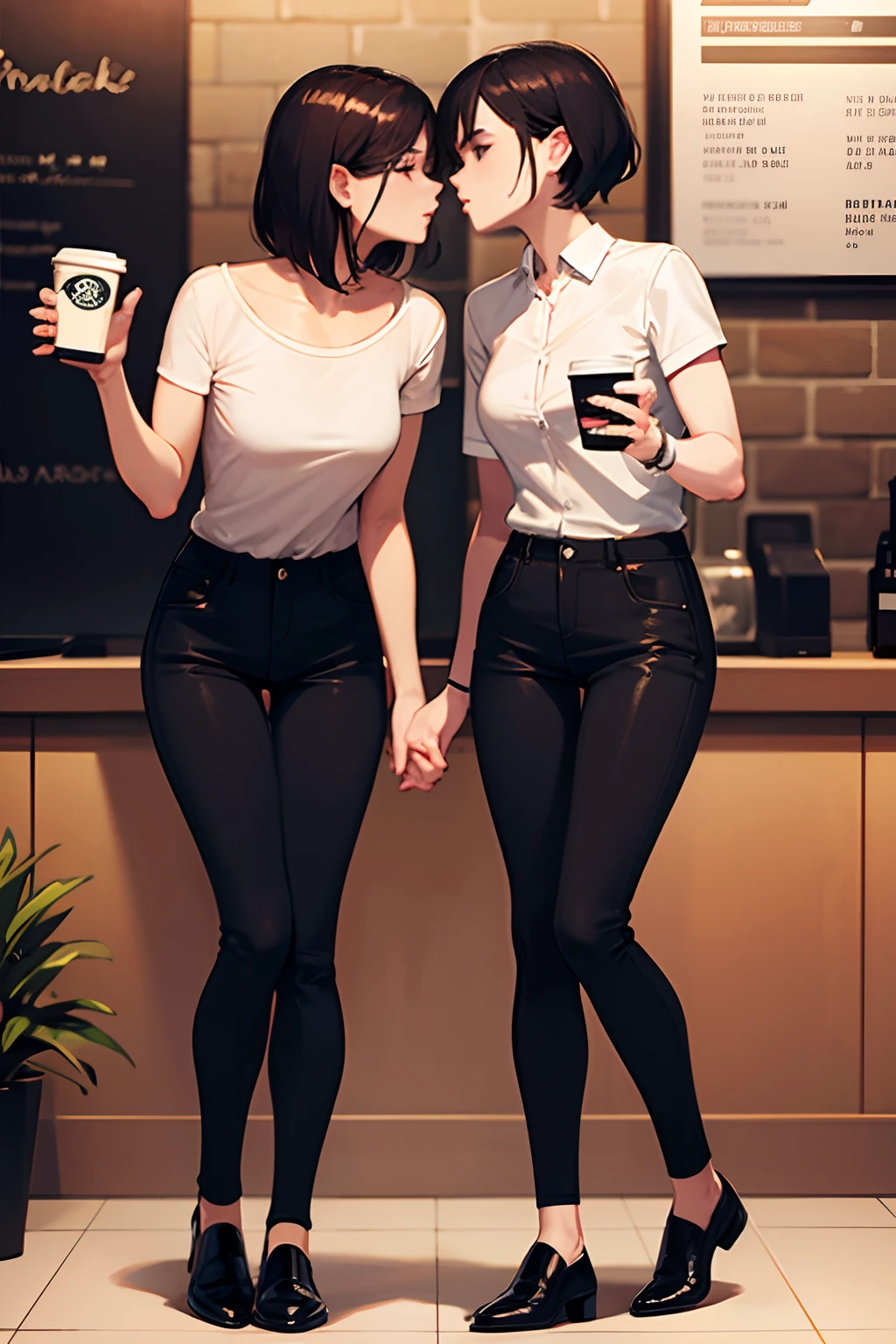 Beautiful lesbian women kissing at a Starbucks,  full body