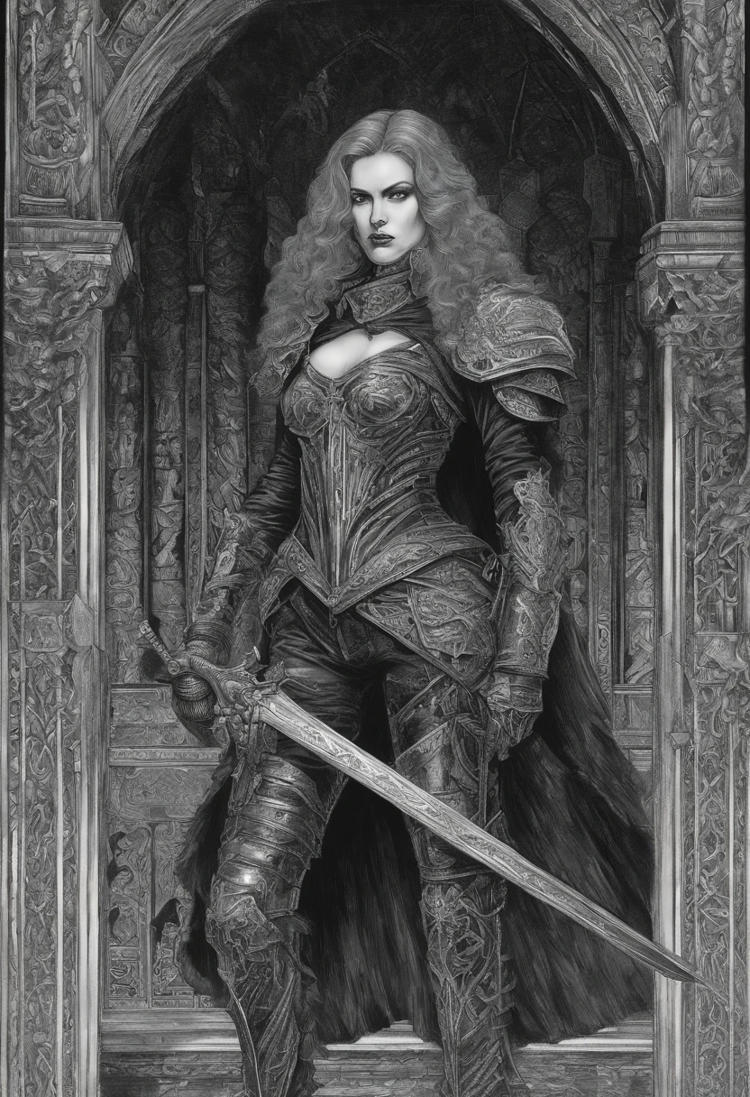 a black and white drawing of a woman in armor, inspired by Clyde Caldwell, in front of a carved screen, phil jimenez, yennefer, detailed hatching, walls, pinup. lord of daggers, intense gaze, 3 0, queen of the night, walking, with an intricate