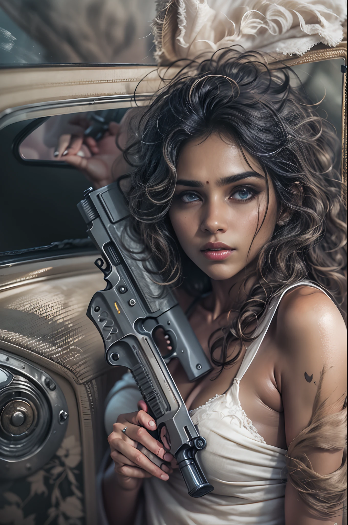 Different mood indian woman with very long curly hair, showing clevage, clutched in white towel,holding gun and back side lots of random guns wide angle in a random vintage car background, perfect anatomy, illustrative, painterly, detailed, UHD drawing, pen and ink, perfect composition, beautiful detailed intricate insanely detailed octane render trending on artstation, 8k artistic photography, photorealistic concept art, soft natural