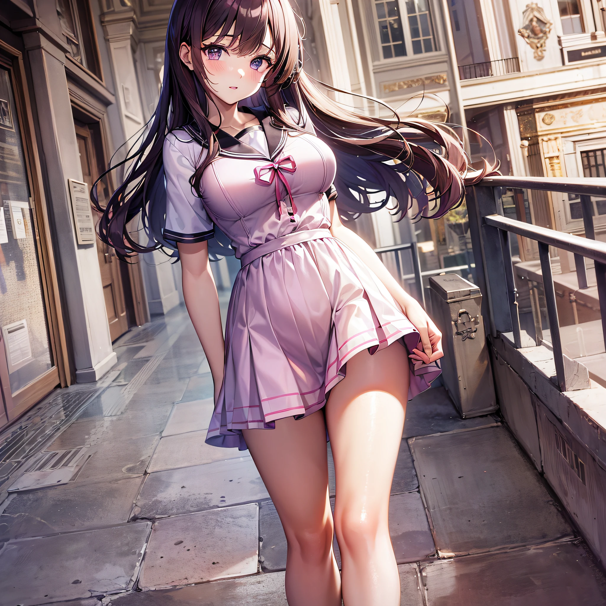 master part, melhor qualidade, high resolution, Purple eyes, high-school uniform, Mini Saia, Saia plissada, Virilha Aberta Agachamento, Elevador de vestido: 2,Show tiny pink panties, olhe para baixo, Angle directly below