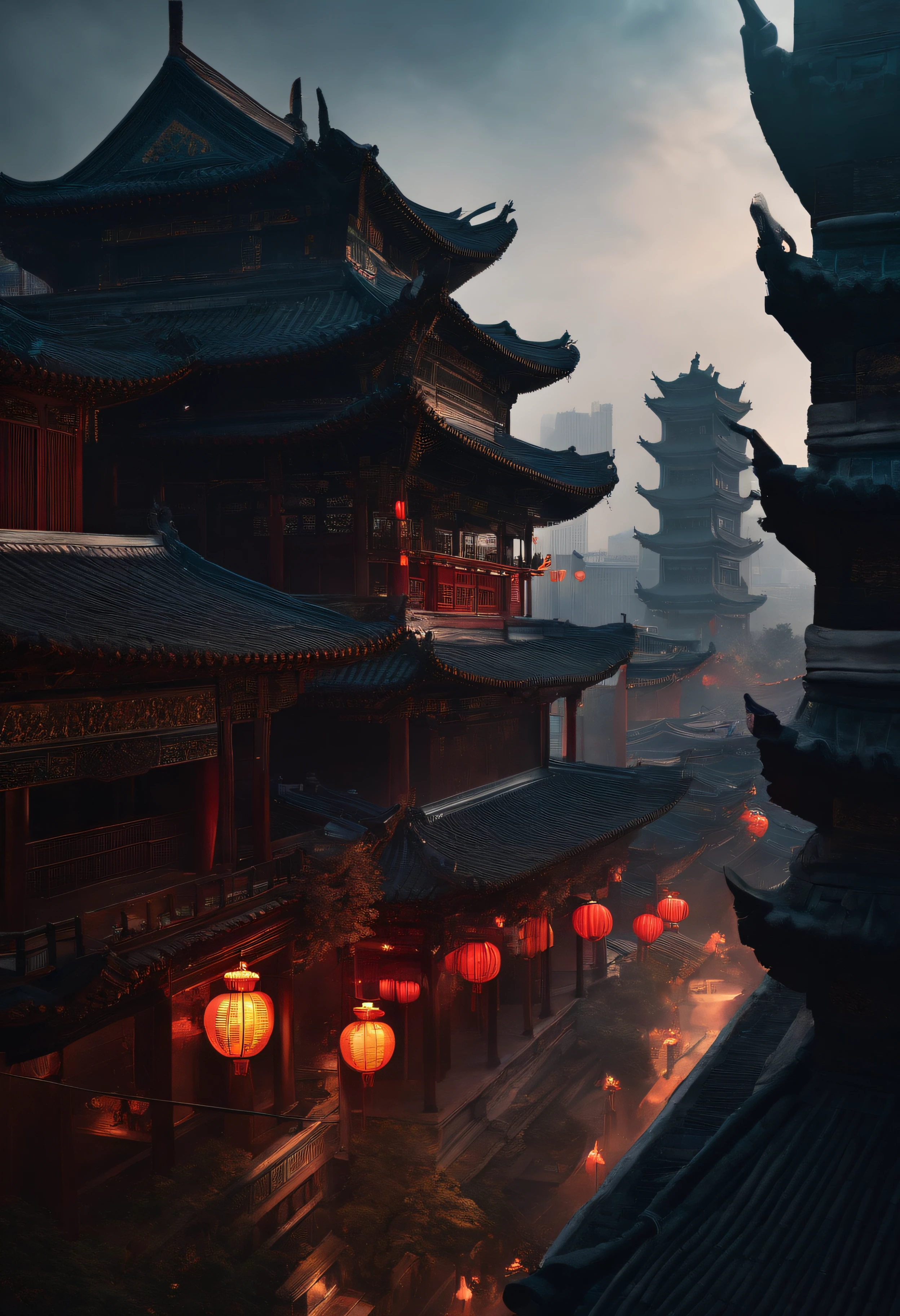 The top half of the picture is a high-rise building with a technological style，Below are ancient Chinese buildings，There is a black-cloaked assassin on the building