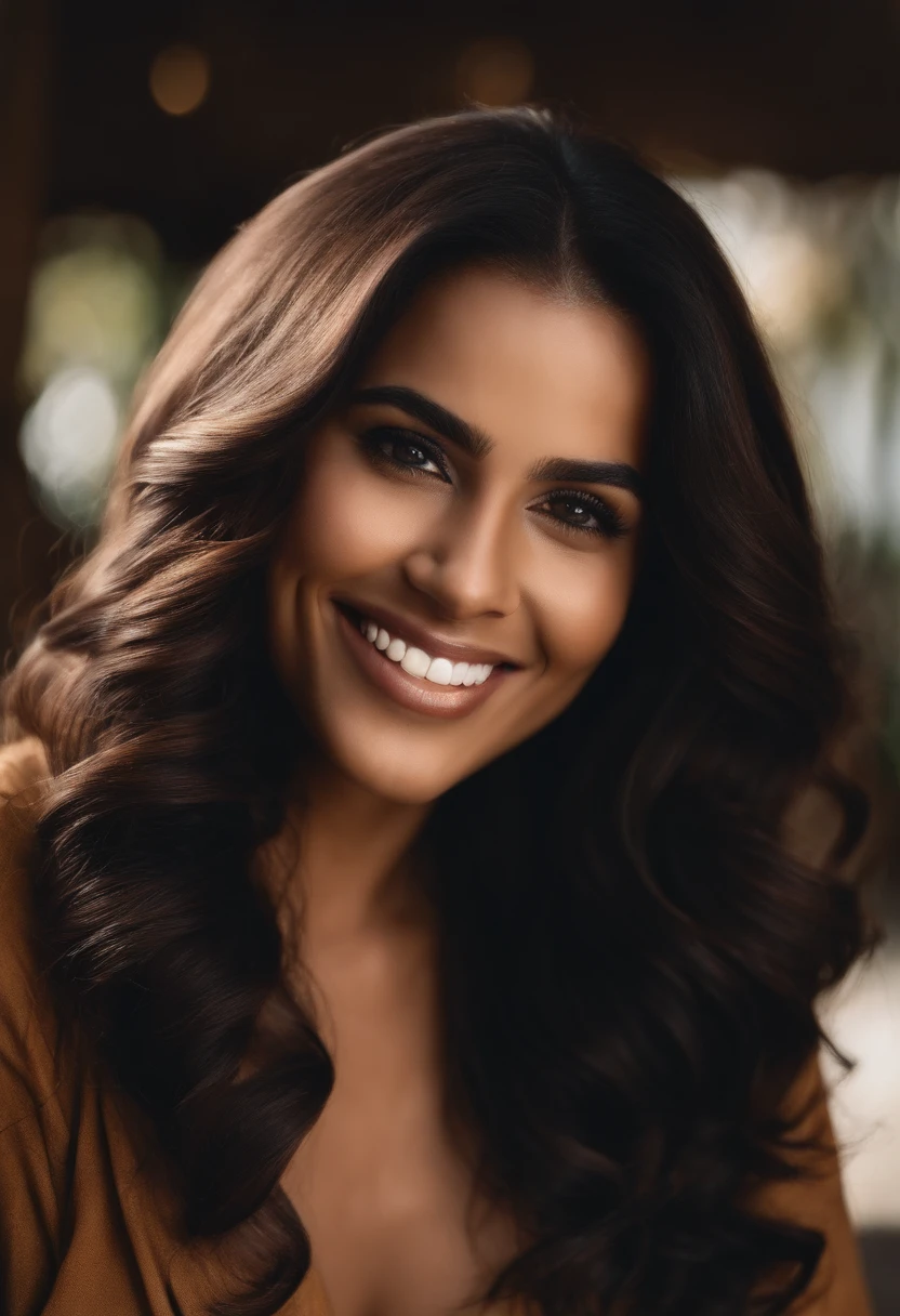 uma mulher , parda, 28 anos de idade, cabelo castanho escuro, olhos pretos, cabelos pretos e ondulados, com um sorriso bonito