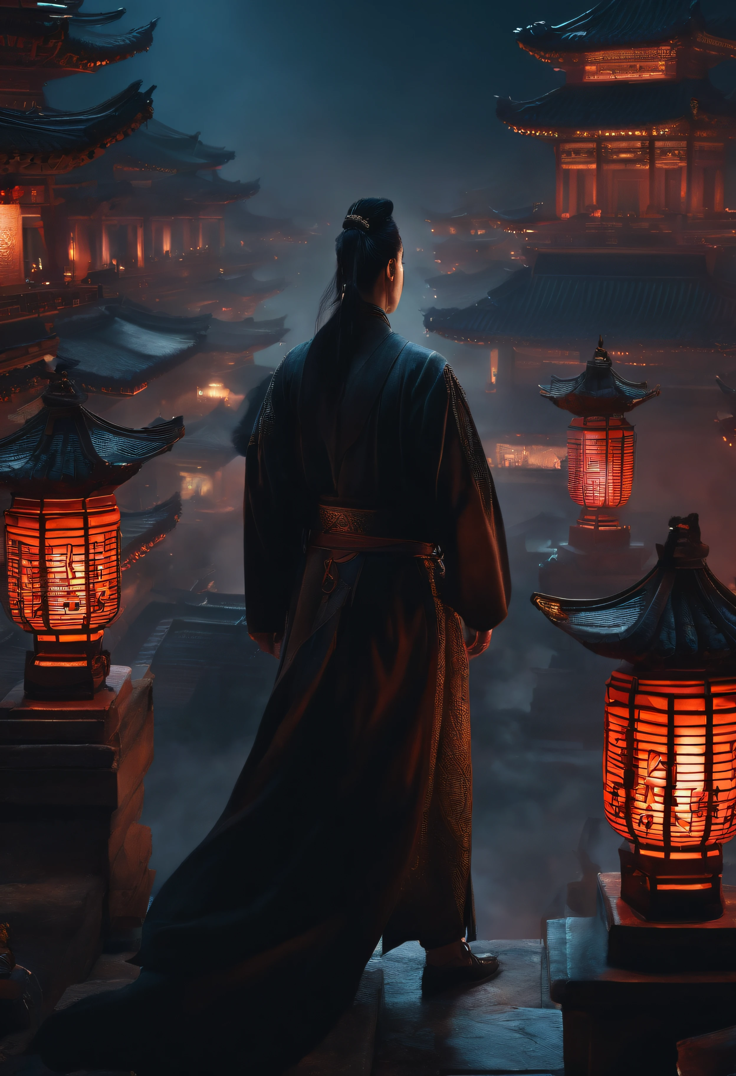 The top half of the picture is a high-rise building with a technological style,Below are ancient Chinese buildings,There is a black-cloaked assassin on the building