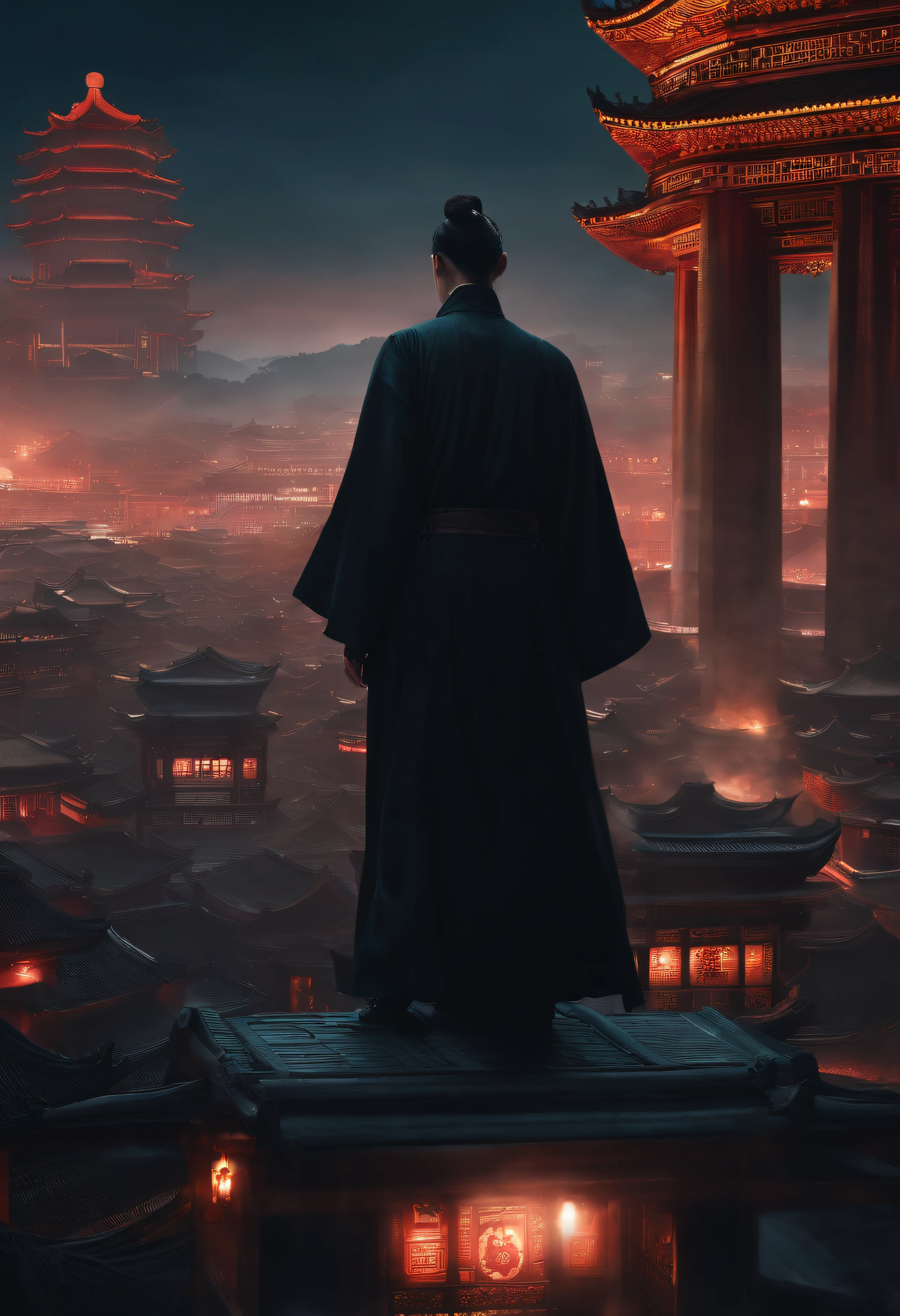 The top half of the picture is a high-rise building with a technological style,Below are ancient Chinese buildings,There is a black-cloaked assassin on the building