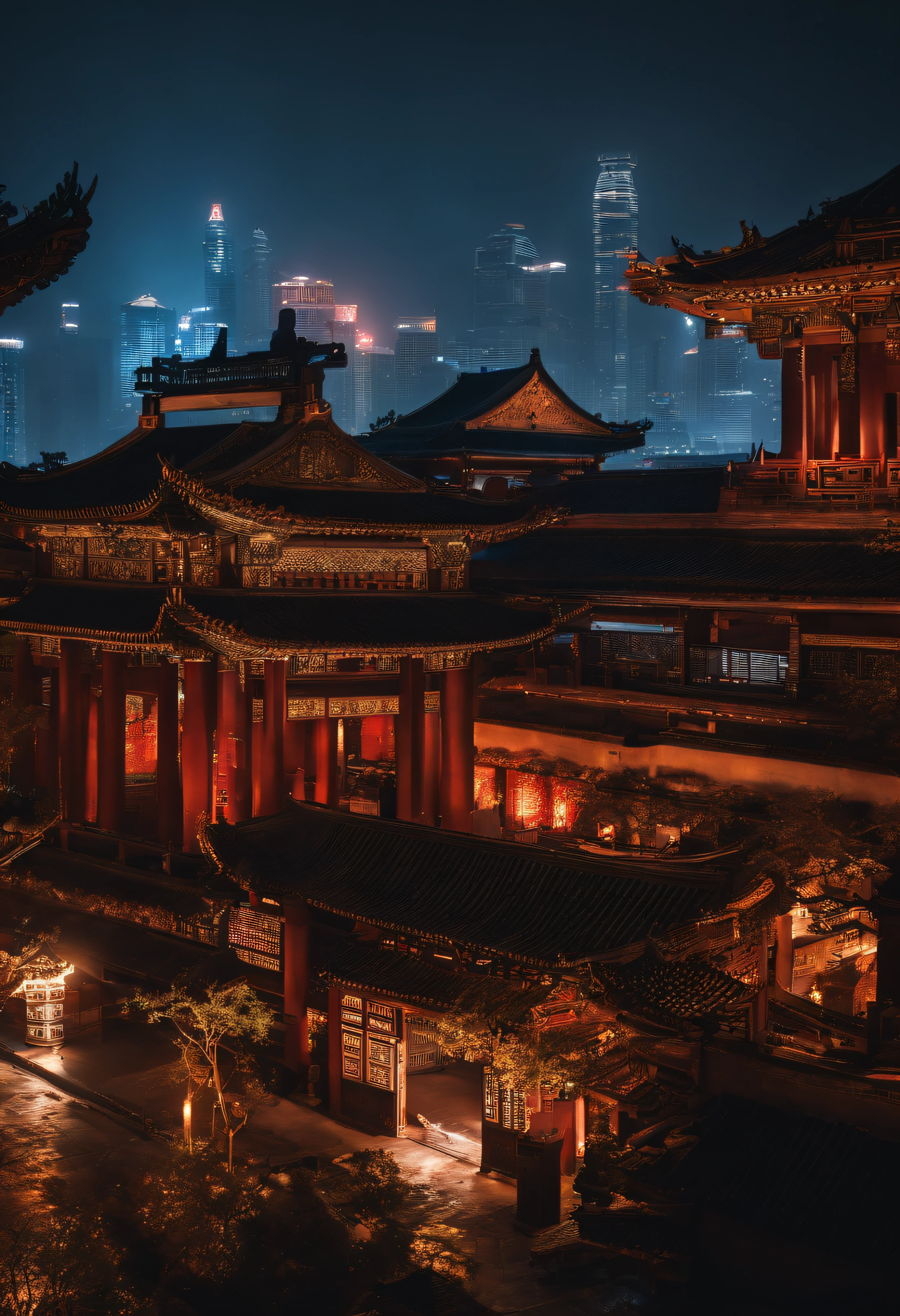 The top half of the picture is a high-rise building with a technological style,Below are ancient Chinese buildings,There is a black-cloaked assassin on the building