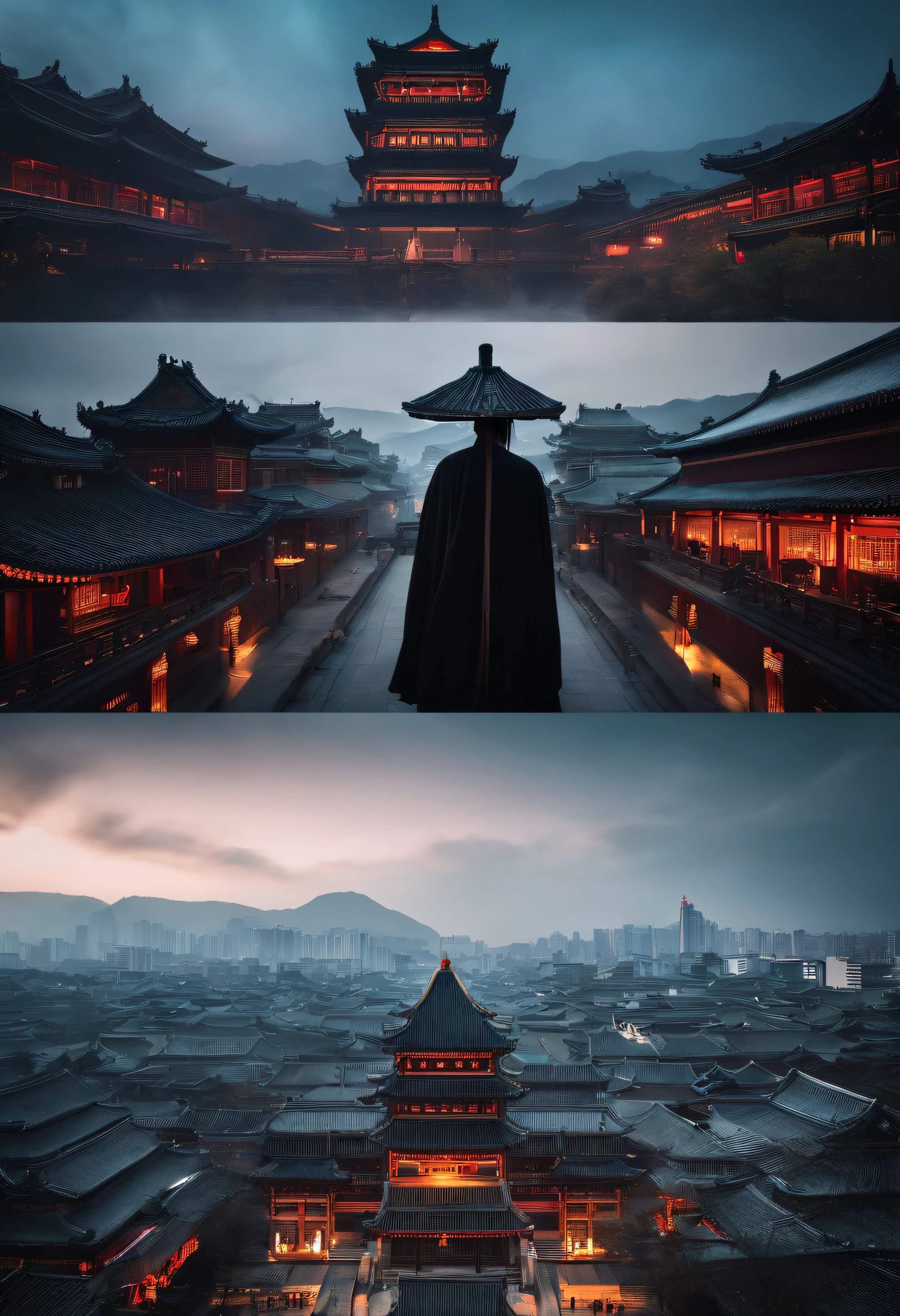 The top half of the picture is a high-rise building with a technological style，Below are ancient Chinese buildings，There is a black-cloaked assassin on the building