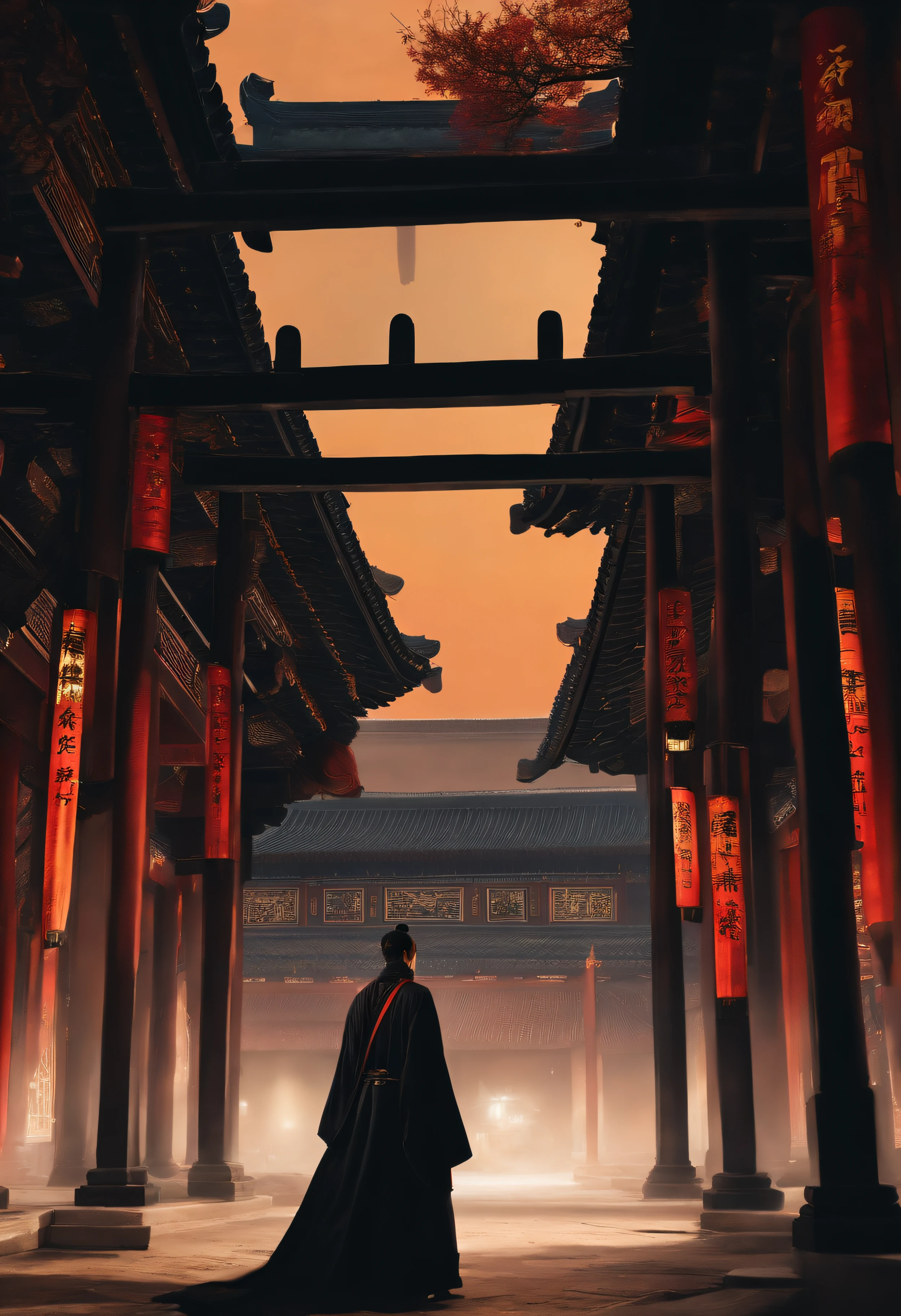 The top half of the picture is a high-rise building with a technological style,Below are ancient Chinese buildings,There is a black-cloaked assassin on the building