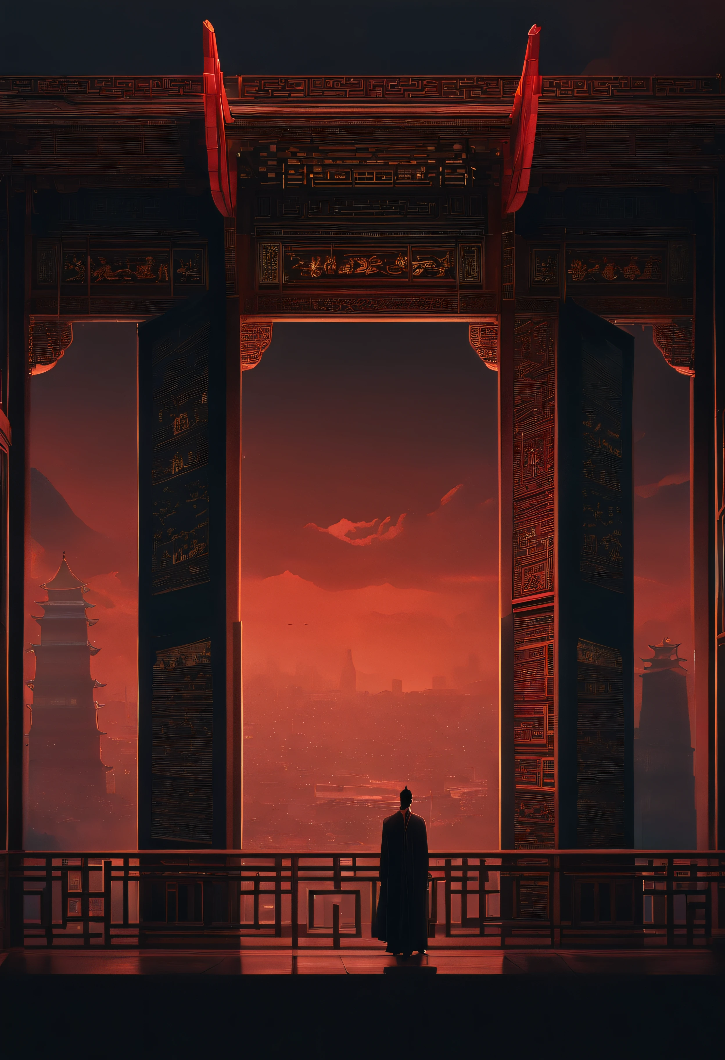 The top half of the picture is a high-rise building with a technological style，Below are ancient Chinese buildings，There is a black-cloaked assassin on the building