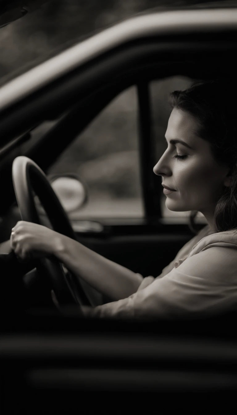 A woman sitting in the seat with her hands on the steering wheel, vemos ela de perfil, as if the camera were in the passenger seat