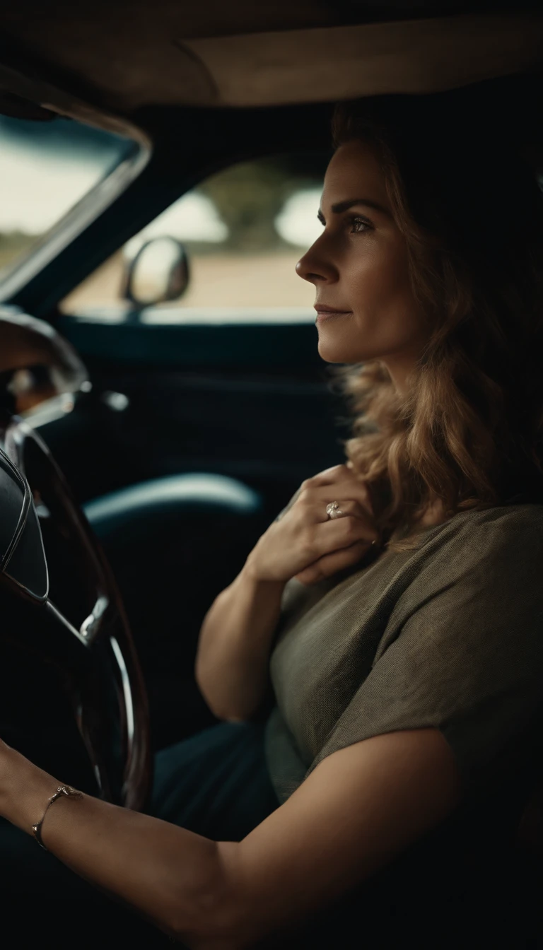 A woman sitting in the seat with her hands on the steering wheel, vemos ela de perfil, as if the camera were in the passenger seat