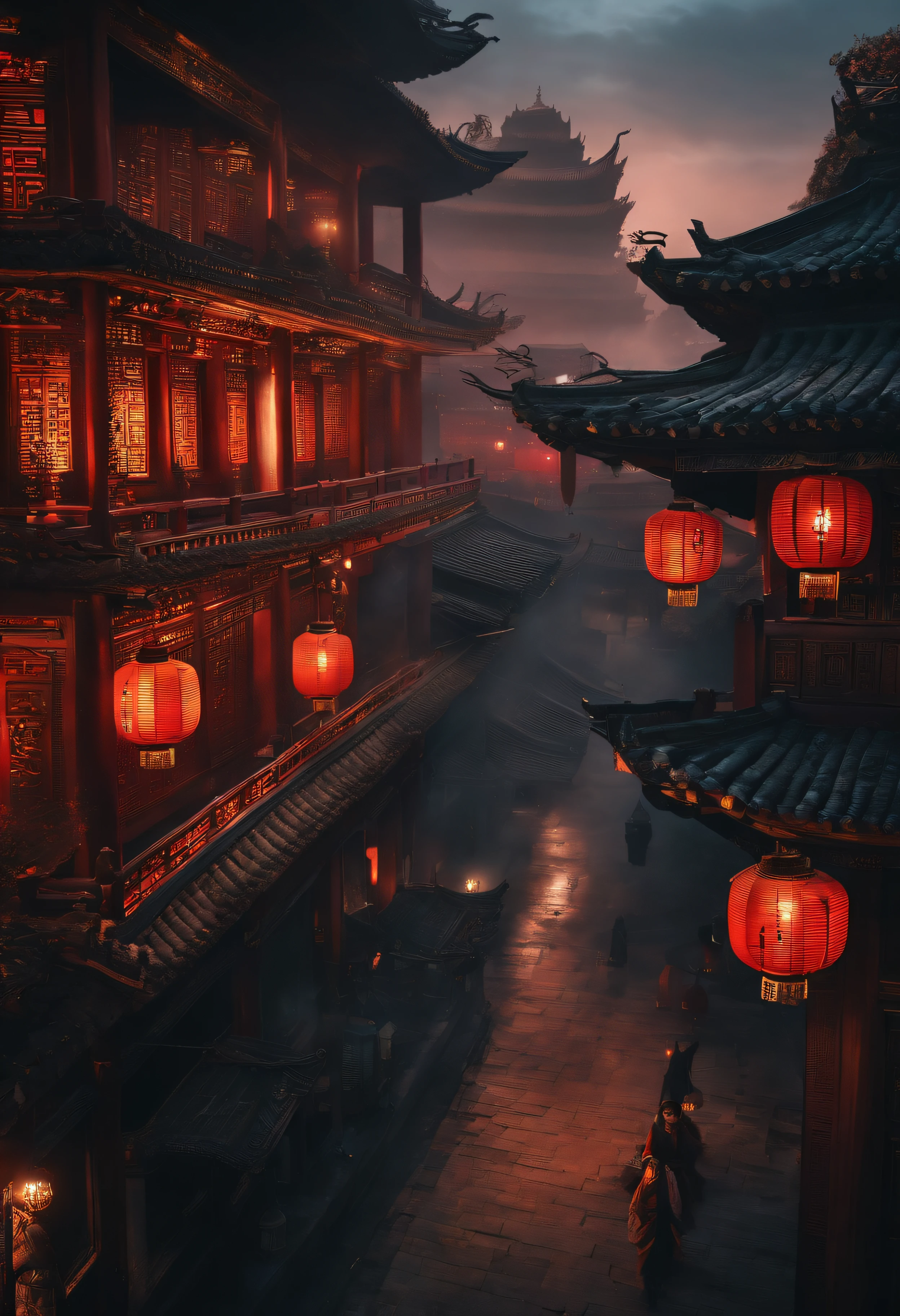 The top half of the picture is a high-rise building with a technological style,Below are ancient Chinese buildings,There is a black-cloaked assassin on the building