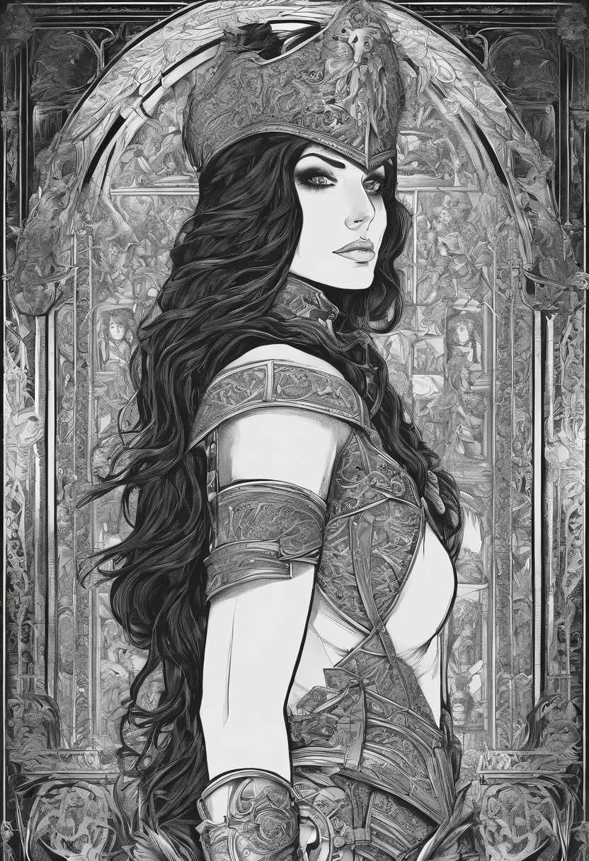 a black and white drawing of a woman in armor, inspired by Clyde Caldwell, in front of a carved screen, phil jimenez, yennefer, detailed hatching, walls, pinup. lord of daggers, intense gaze, 3 0, queen of the night, walking, with an intricate