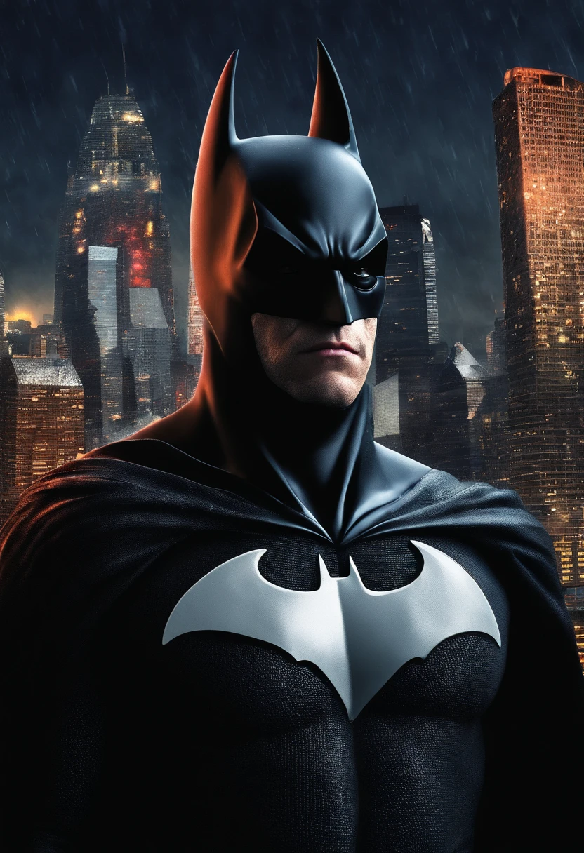 `(best quality, highres, masterpiece:1.2), ultra-detailed, realistic, vivid colors, digital art, batman, detailed eyes and face, muscular physique, dark costume, iconic bat symbol, brooding expression, Gotham City backdrop, cityscape, CBZBB style, Trend in Arstation`