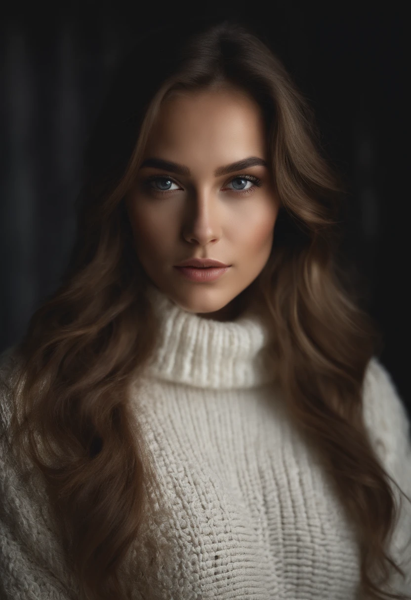 Photograph of a beautiful girl, wearing a white autumn sweater, long hair on one side, buste lourd 36DD, Look into the camera, eyes symmetrical, symmetrical face, photoreallistic, photographie, Path layout, specular lighting, Volumetric facial light, Hair path, Ombres visibles, complexe, elaborate, voluptueux