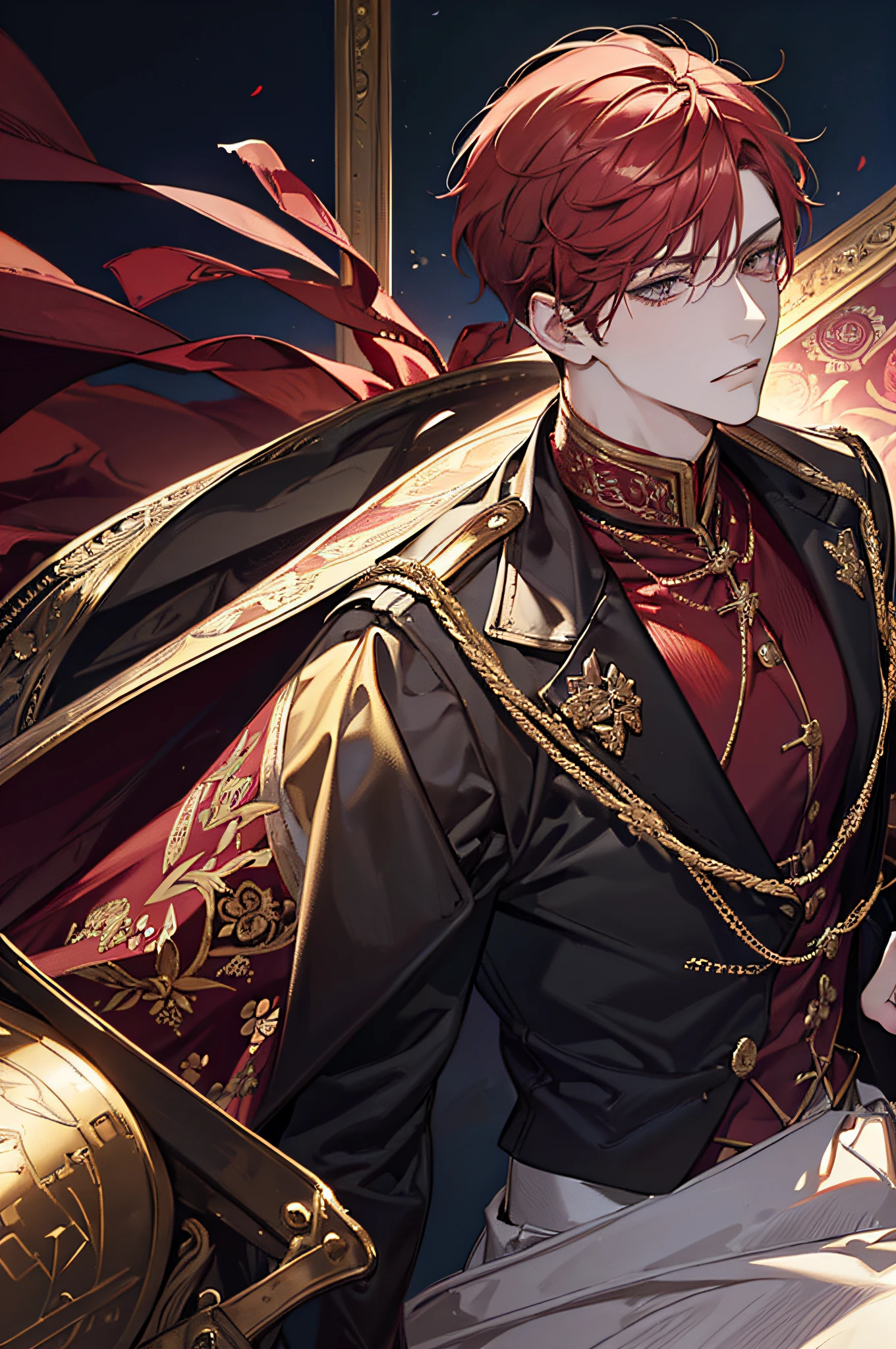 one man, adult, ((male)), short hair, tall, red hair, golden eyes, perfect face, beautiful clothing, antique clothing, detailed, dynamic lighting, (best quality), (masterpiece), (referencesheet:1.5)