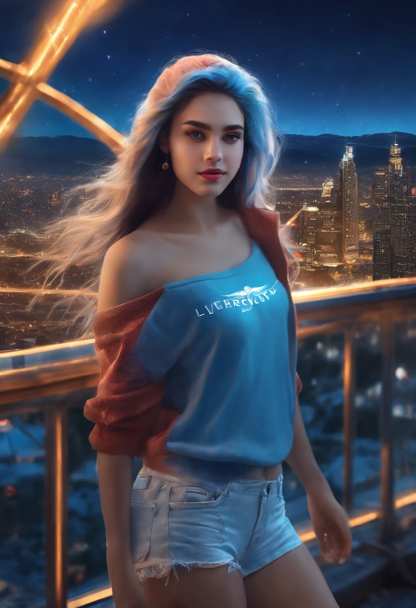 "Image Quality: 8K (Best Quality Scale: 1.2), Artistic Style: Realistic, Photorealistic Factor: 1.37, Clarity: Ultra High Definition, Subject:1girl flying above stunning cityscape ,hoodie,blue hair, neon color shooting stars, very long hair, off shoulder, feather hair ornament, neon colors, flashes, stunning night sky, Girl (16 yearble Features: Pleasant Smile, Closed Mouth, Exquisite Details, Lovely Nose, Composition: Full Body, Damp Hair, Context: Amidst Colossal Dalsefo,, Attire: snow white T Shirt, Angel wings very detailed