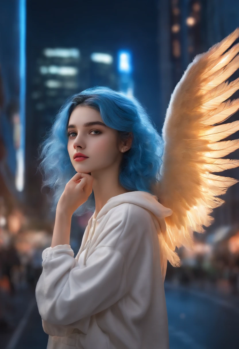 "Image Quality: 8K (Best Quality Scale: 1.2), Artistic Style: Realistic, Photorealistic Factor: 1.37, Clarity: Ultra High Definition, Subject:1girl flying above stunning cityscape ,hoodie,blue hair, neon color shooting stars, very long hair, off shoulder, feather hair ornament, neon colors, flashes, stunning night sky,  Girl (16 yearble Features: Pleasant Smile, Closed Mouth, Exquisite Details, Lovely Nose, Composition: Full Body, Damp Hair, Context: Amidst Colossal Dalsefo,, Attire: snow white T Shirt, Angel wings very detailed