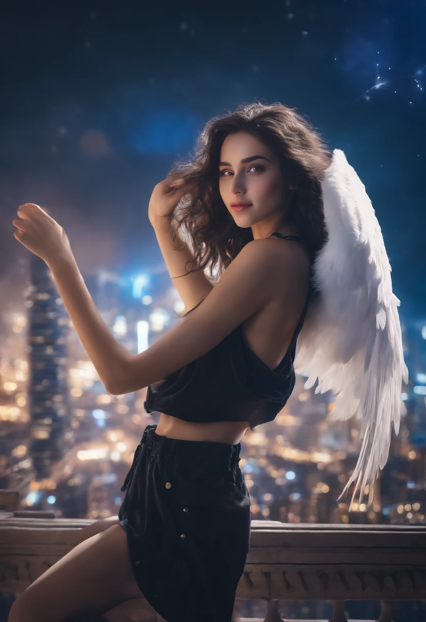 "Image Quality: 8K (Best Quality Scale: 1.2), Artistic Style: Realistic, Photorealistic Factor: 1.37, Clarity: Ultra High Definition, Subject:1girl flying above stunning cityscape ,hoodie,blue hair, neon color shooting stars, very long hair, off shoulder, feather hair ornament, neon colors, flashes, stunning night sky, Girl (16 yearble Features: Pleasant Smile, Closed Mouth, Exquisite Details, Lovely Nose, Composition: Full Body, Damp Hair, Context: Amidst Colossal Dalsefo,, Attire: snow white T Shirt, Angel wings very detailed