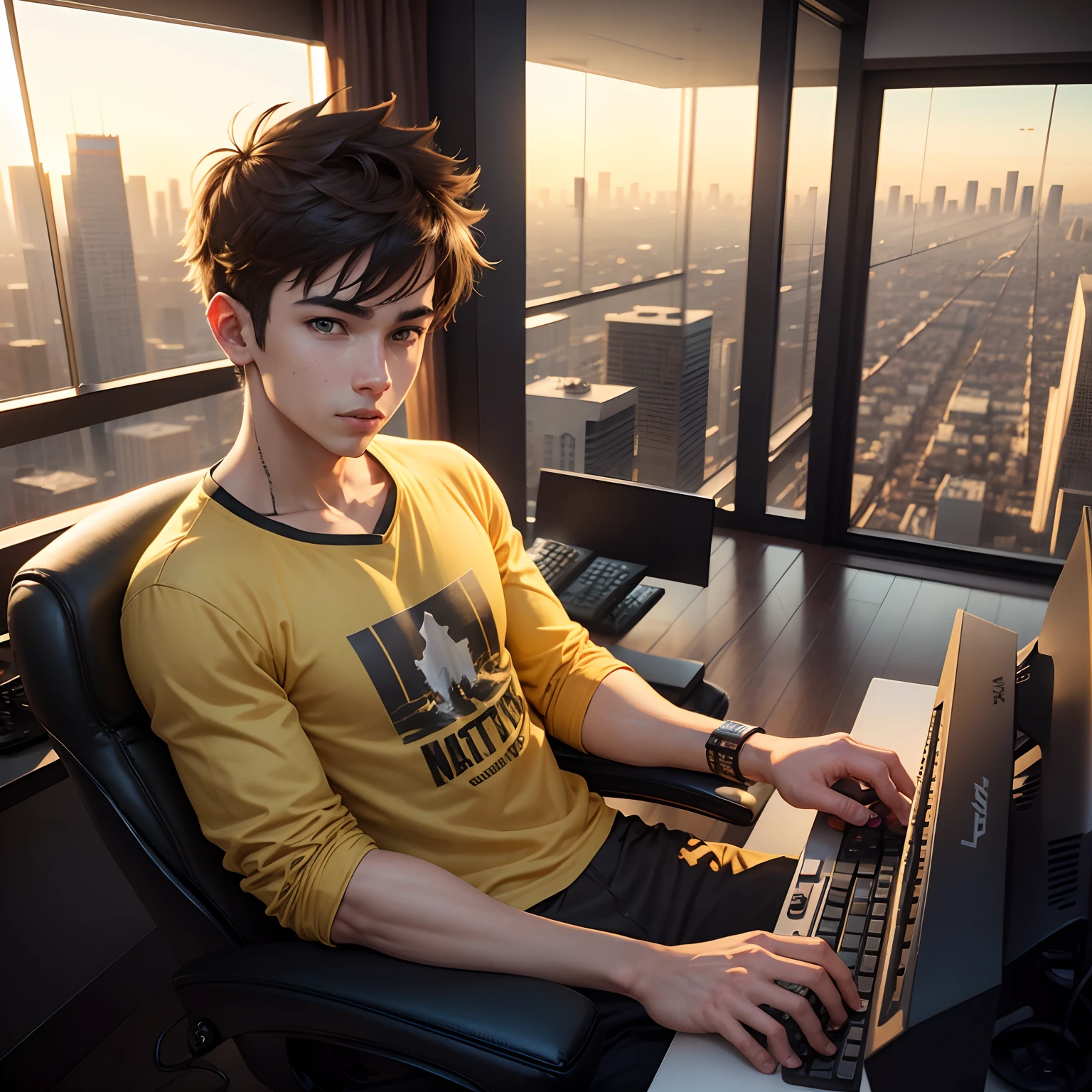 Gamer boy in a yellow shirt in his gaming penthouse and Los Angeles city view
