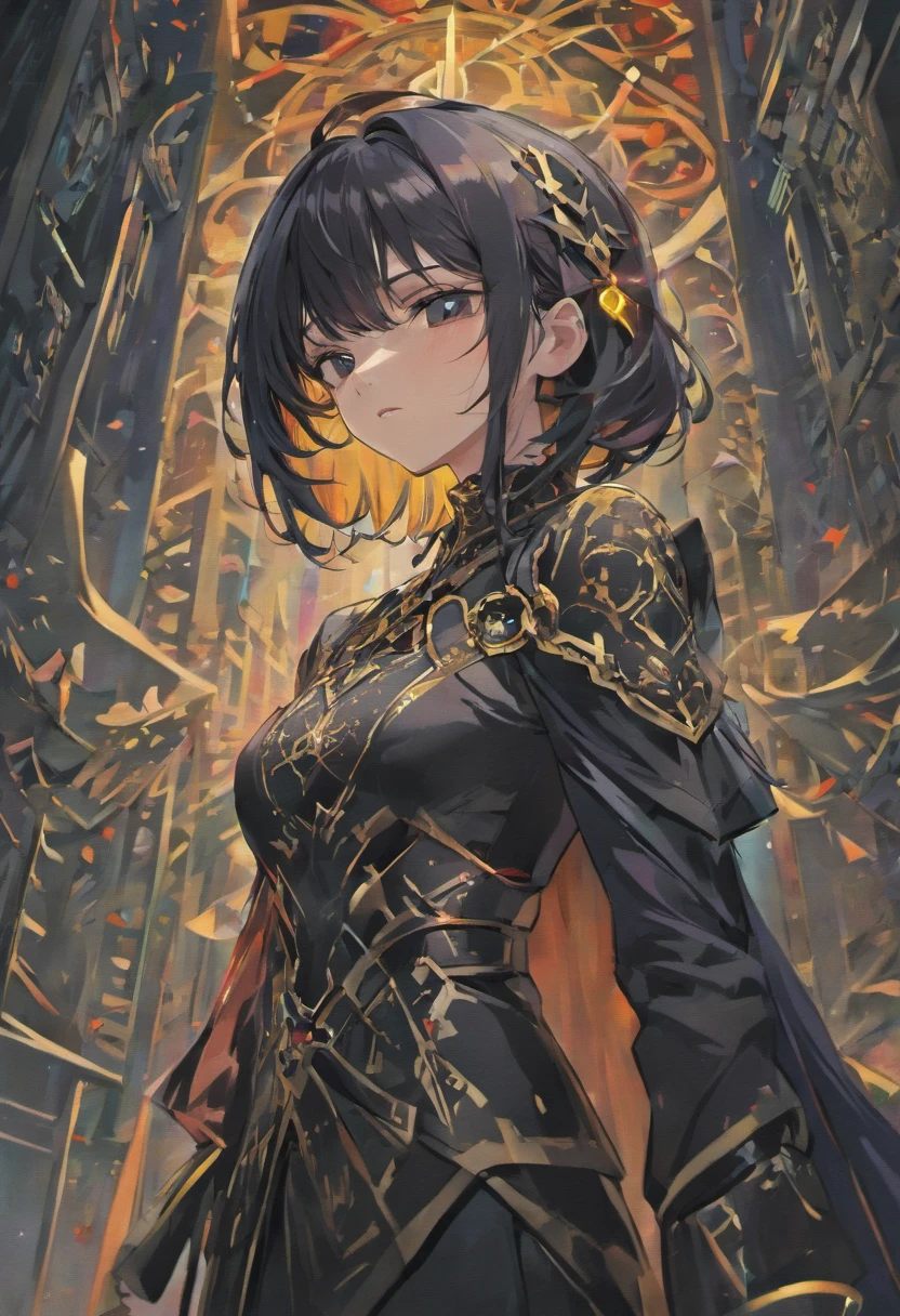 Attractive beautiful woman with black hair with gothic costume, (altamente detalhado: 1.2), Hyper-detailed eyes and use of high-tech sunglasses with holographic display 1.2) ,Gorgeous multidimensional geometric wall, Vibrant vivid color coloring,
