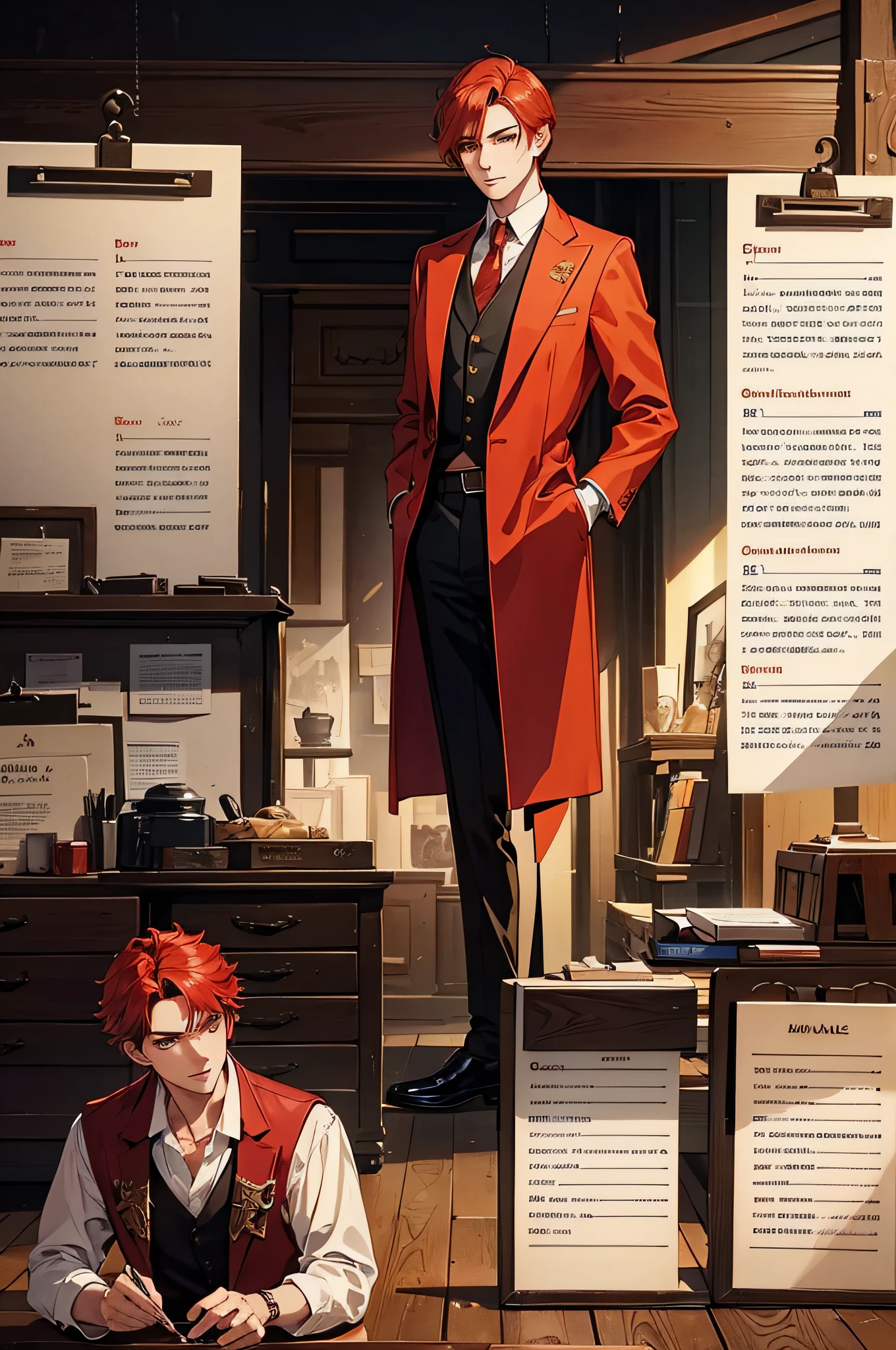 one man, adult, ((male)), short hair, tall, red hair, golden eyes, perfect face, beautiful clothing, antique clothing, detailed, dynamic lighting, (best quality), (masterpiece), (referencesheet:1.5)