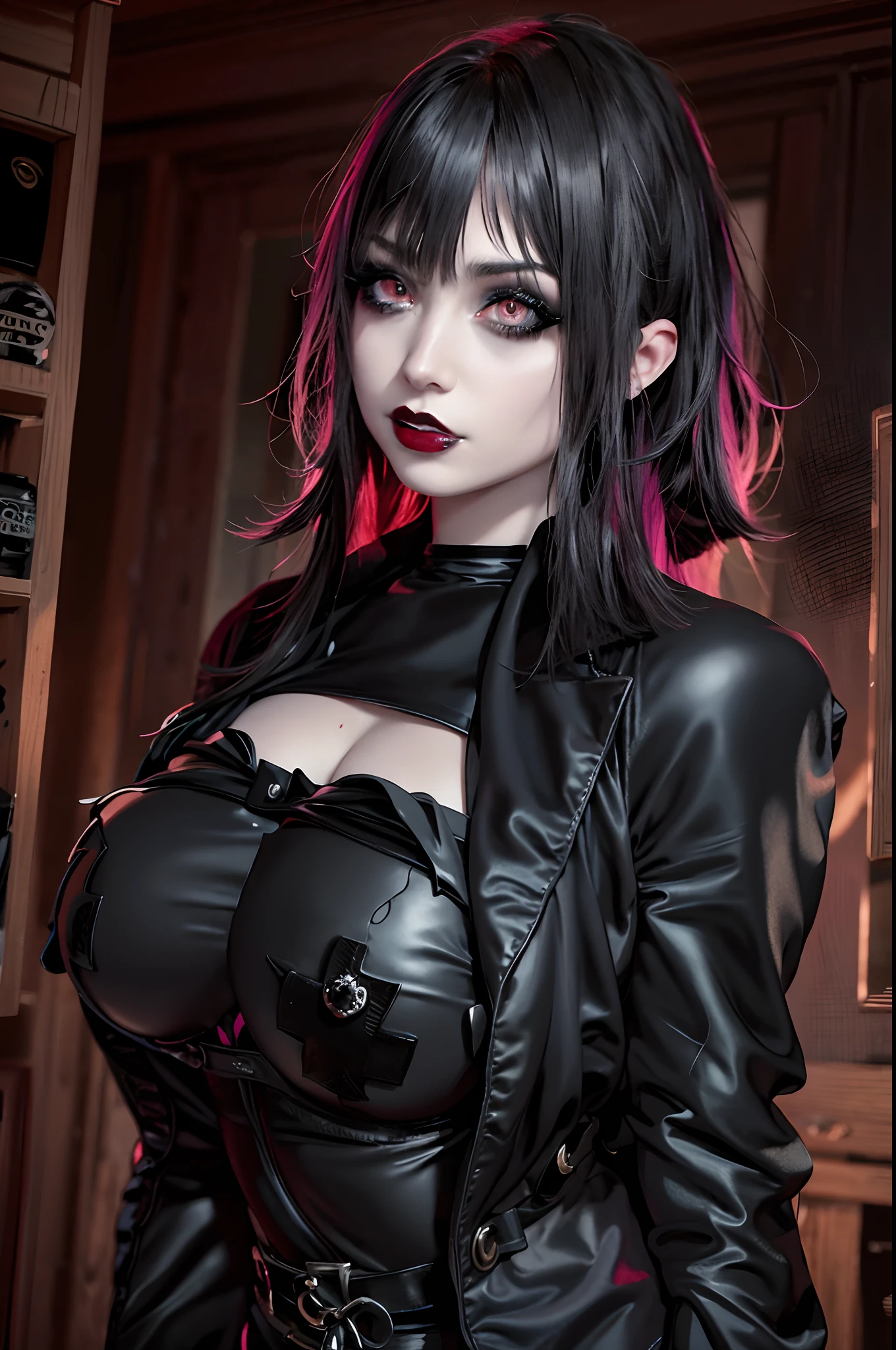 (detailed,high quality),gal.safetensors dark and mysterious,striking makeup,dark lips,elaborate costume,black lace details,red contact lenses,intense gaze, heavy eye makeup,pale skin,punk hairstyle, (cool,edgy),gothic aesthetic,devilish wings,cosplay event,fantasy setting,smokey background,low key lighting,ethereal atmosphere, cinematic portrait