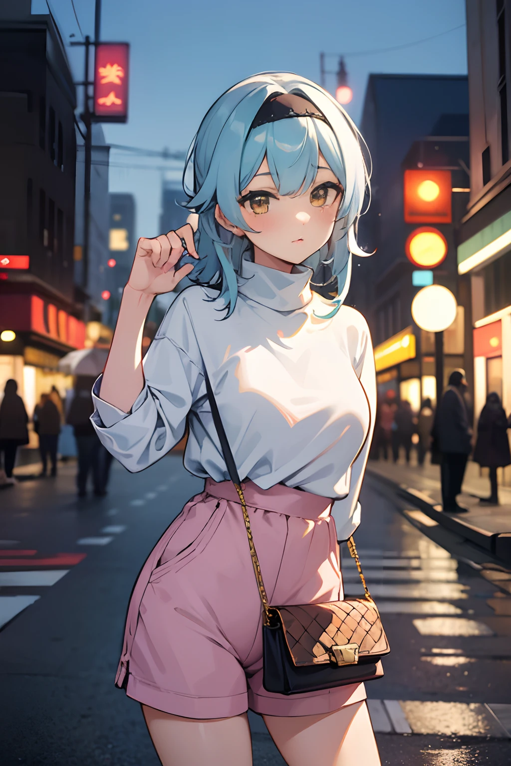 SFW, masterpiece, standing (woman 1), (((cute pose)), ((casual clothes))), yellow eyes,  pouder blue hair, cute blush, (city), wind, blush, ((milf)), night, busy street, turtleneck, perfect hands, purse, off sholders