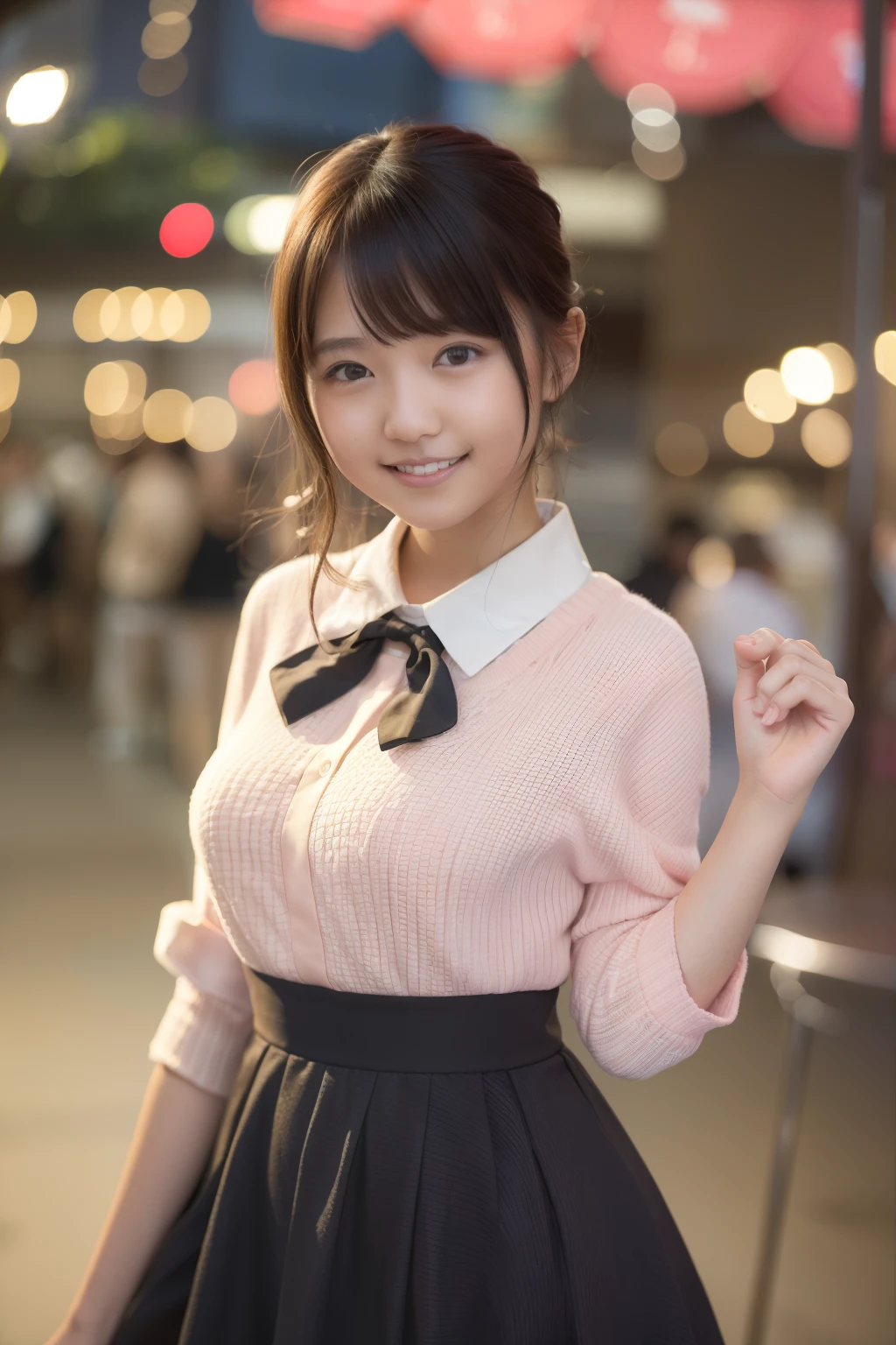 Cities of Paris、One lady、An 18-year-old woman、Happy smile、Standing、(8K、Raw photography、top-quality、​masterpiece:1.2)、(realisitic、Photorealsitic:1.37)、ultra-detailliert、
1 girl in、cute little、独奏、Beautiful detailed sky、Detailed Cafe、natta、Standing、date、(blush of the nose)、(A smile:1.1)、(Mouth closed)、tiny chest、seducting smile、Night amusement park、merry-go-round、profetional lighting、Sony A7R4、Zessie 50mm f1.8、
medium breasts⁩、Beautiful Detail Eye、(shirt with collar:1.1)、a bow tie、pleatedskirt、(short-hair:1.2)、Floating hair、Happy smile、Happy smile、17 year old girl