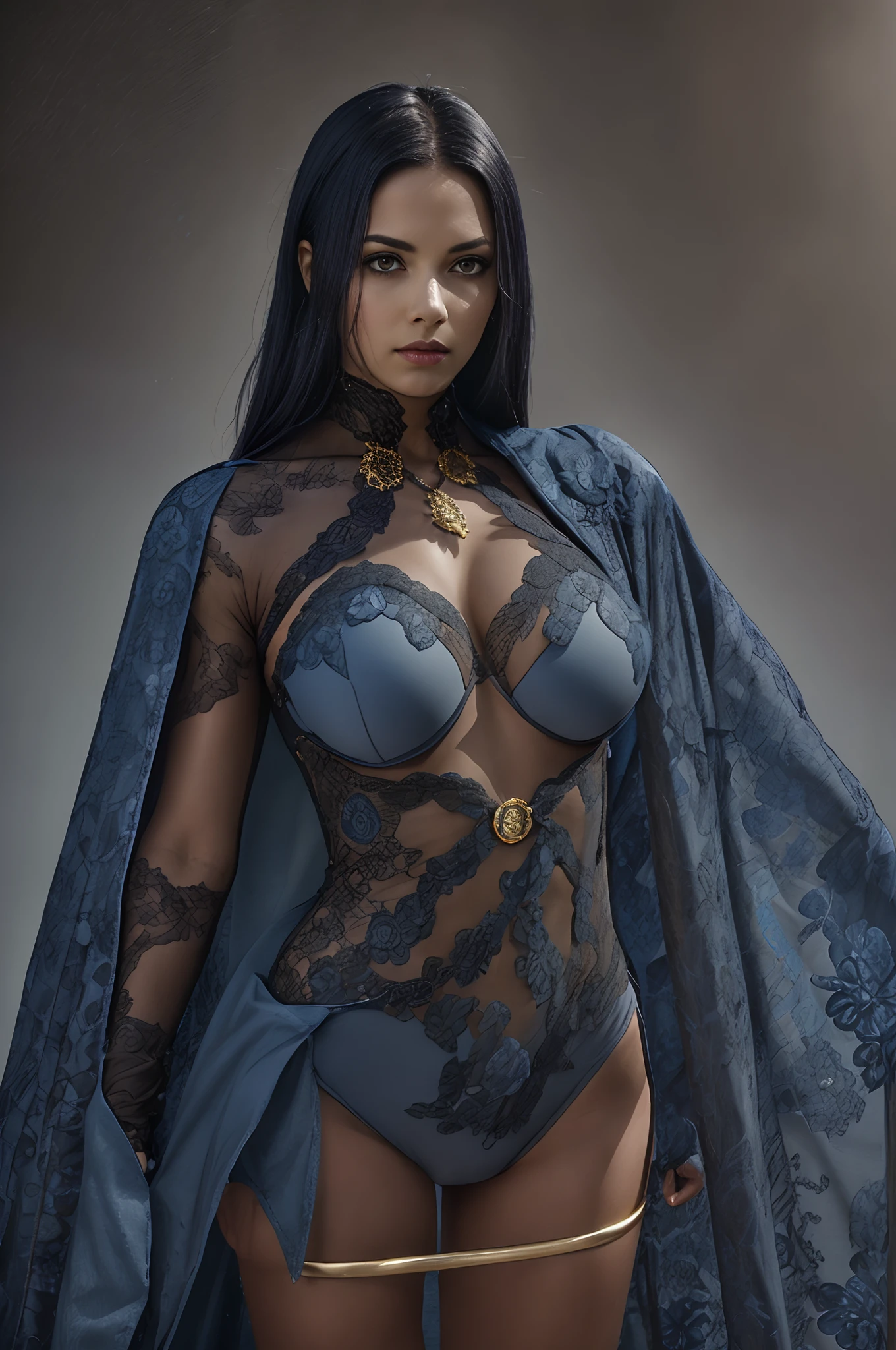 enjinight as Raven in sinBodysuit, solo cowboy shot,  pale skin, black leotard, sexy hip and thighs, very large hips, dark blue cape,  gold belt, jewels, medallion, athletic, looking at viewer, soft blue mist, fog, volumetric lighting, best quality, masterpiece, intricate details, sharp focus, hyper detailed