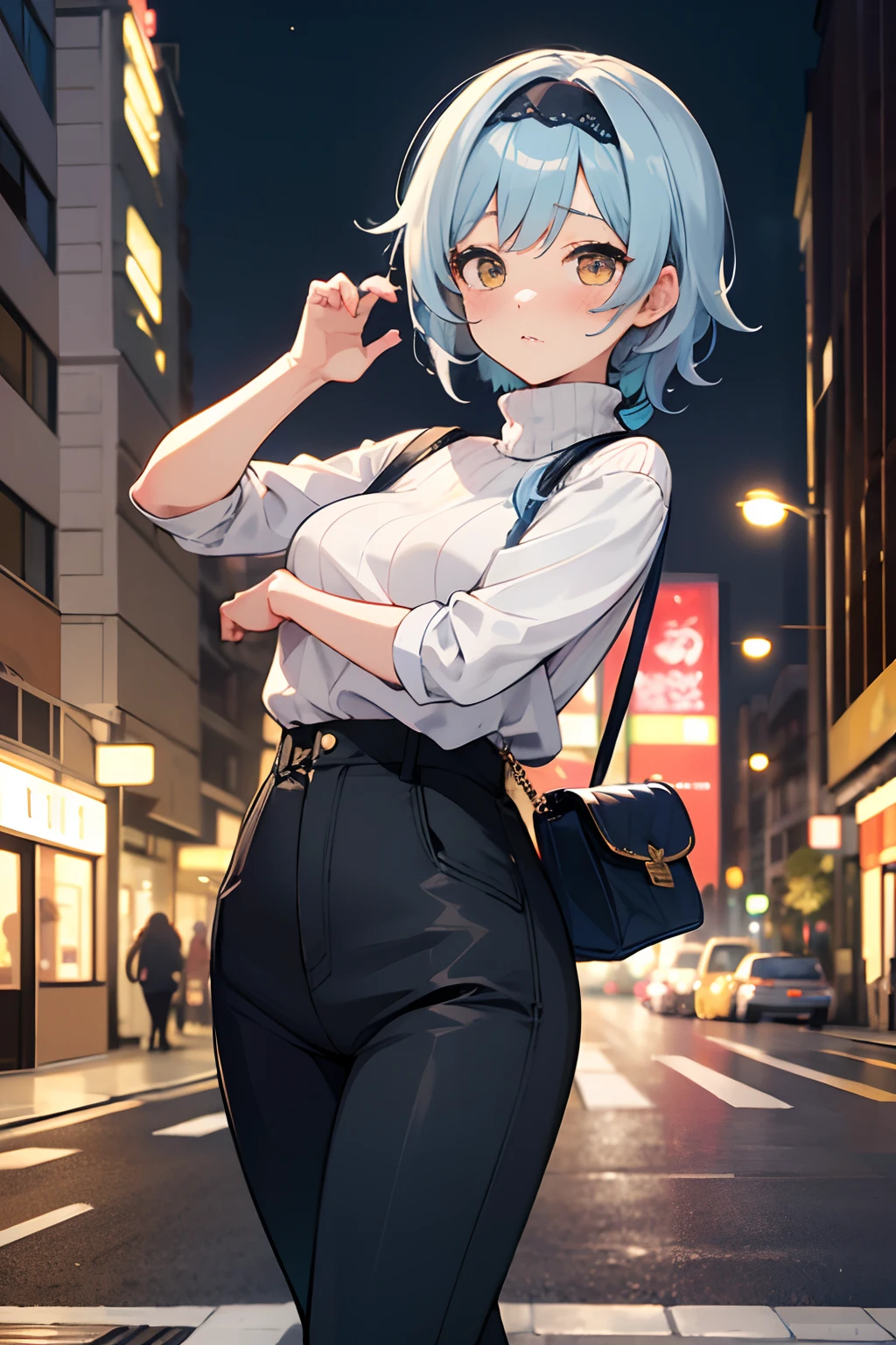 SFW, masterpiece, standing (woman 1), (((cute pose)), ((casual clothes))), yellow eyes, pouder blue hair, cute blush, (city), wind, blush, ((milf)), night, busy street, turtleneck, perfect hands, purse