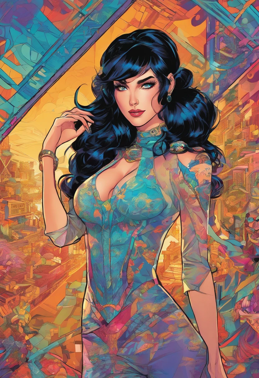 Attractive beautiful woman with black hair with gothic costume, (altamente detalhado: 1.2), Hyper-detailed eyes and use of high-tech sunglasses with holographic display 1.2) ,Gorgeous multidimensional geometric wall, Vibrant vivid color coloring,