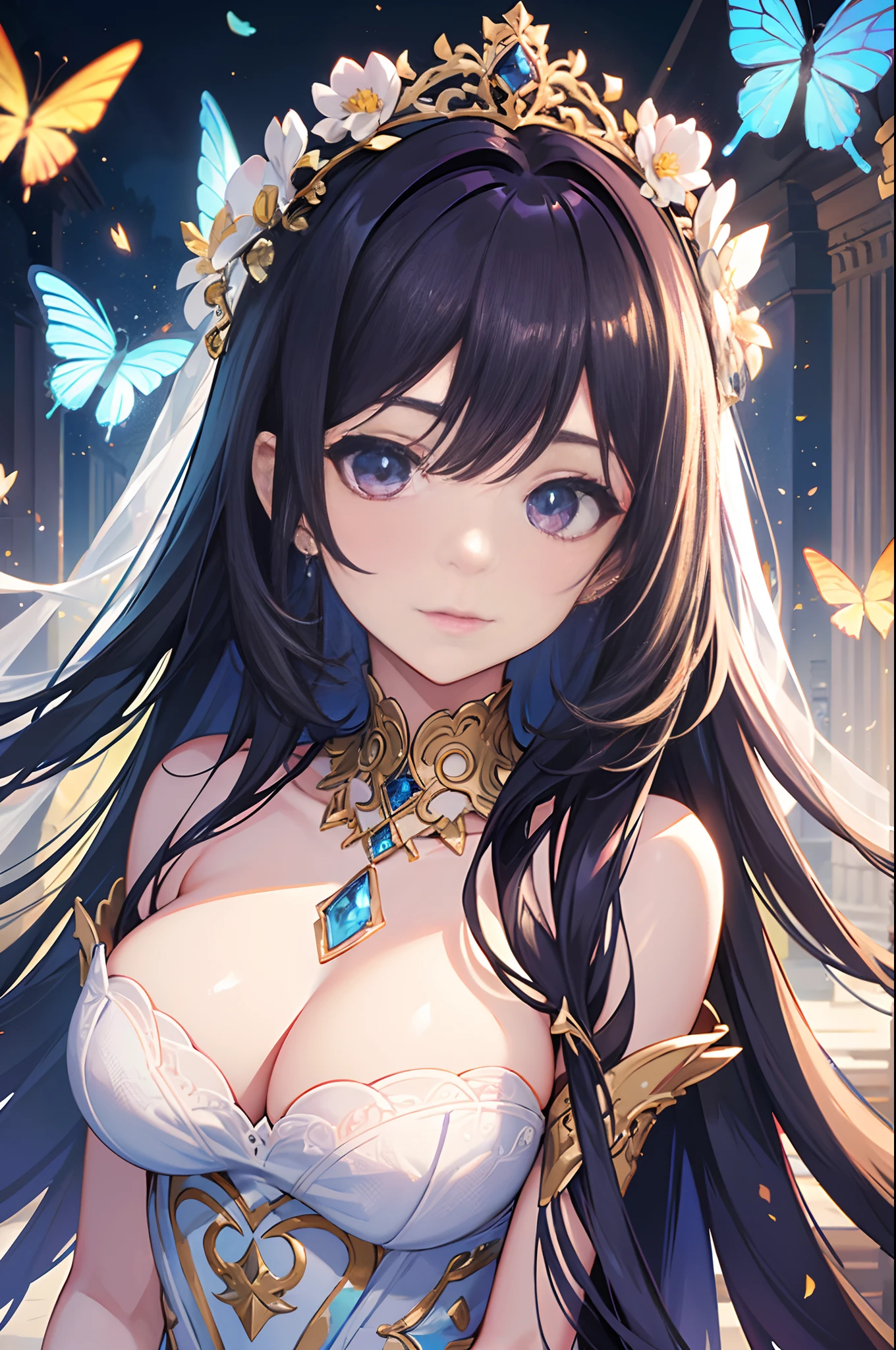 best quality,4k,8k,highres,masterpiece:1.2,ultra-detailed,portrait,sharp focus,physically-based rendering,extreme detail description,professional,vivid colors,bokeh, Periwinkle hair, flowing dress, kind expression, marble pillars in the background, butterflies in the background