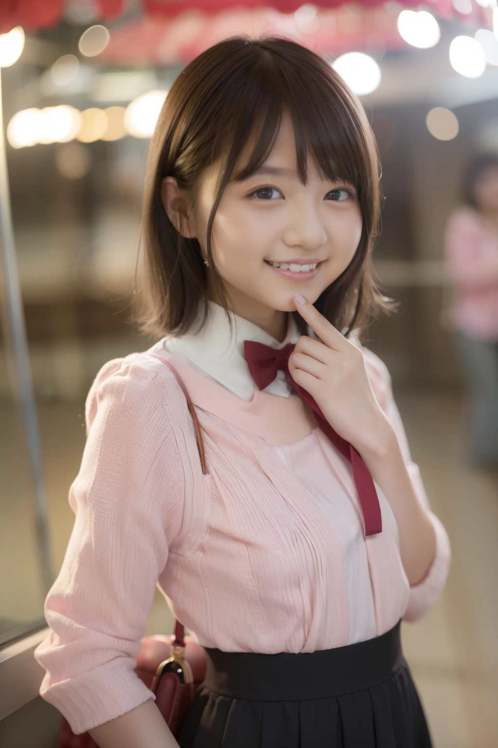 Cities of Paris、One lady、An 18-year-old woman、Happy smile、Standing、(8K、Raw photography、top-quality、masterpiece:1.2)、(realisitic、Photorealsitic:1.37)、ultra-detailliert、
1 girl in、cute little、独奏、Beautiful detailed sky、Detailed Cafe、natta、Standing、date、(blush of the nose)、(A smile:1.1)、(Mouth closed)、tiny chest、seducting smile、Night amusement park、merry-go-round、profetional lighting、Sony A7R4、Zessie 50mm f1.8、
medium breasts、Beautiful Detail Eye、(shirt with collar:1.1)、a bow tie、pleatedskirt、(short-hair:1.2)、Floating hair、Happy smile、Happy smile、 girl