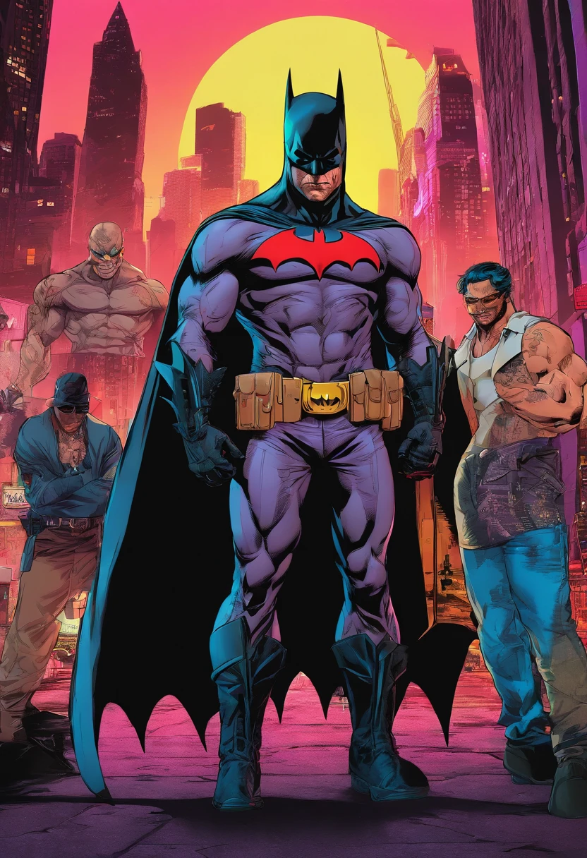 `(best quality, highres, masterpiece:1.2), ultra-detailed, realistic, vivid colors, digital art, batman, detailed eyes and face, muscular physique, dark costume, iconic bat symbol, brooding expression, Gotham City backdrop, cityscape, CBZBB style, Trend in Arstation`