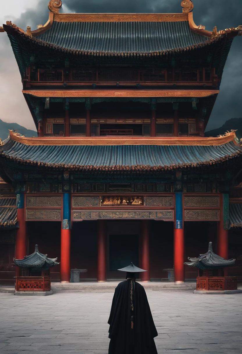 The top half of the picture is a high-rise building with a technological style，Below are ancient Chinese buildings，There is a black-cloaked assassin on the building