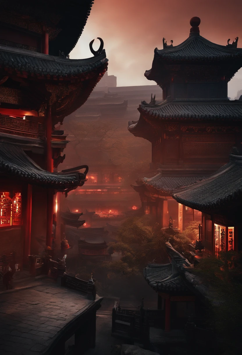 The top half of the picture is a high-rise building with a technological style,Below are ancient Chinese buildings,There is a black-cloaked assassin on the building
