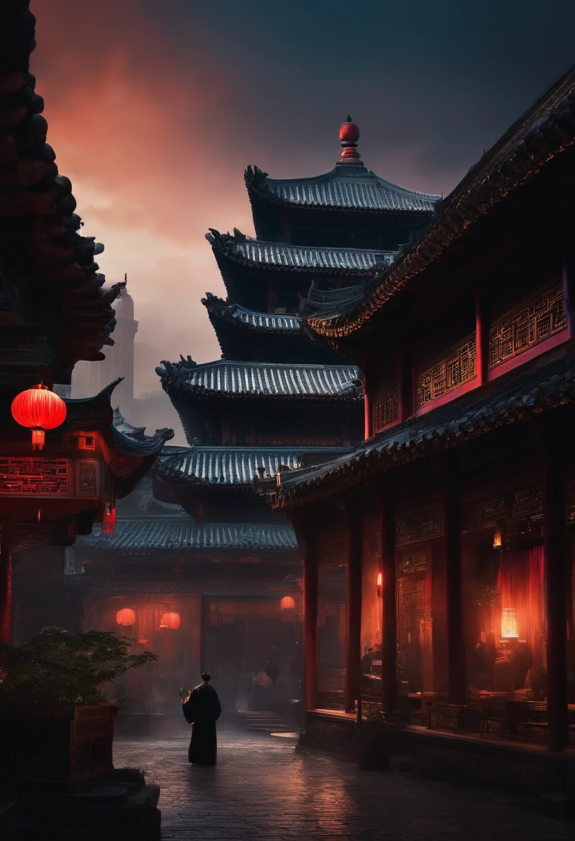 The top half of the picture is a high-rise building with a technological style,Below are ancient Chinese buildings,There is a black-cloaked assassin on the building