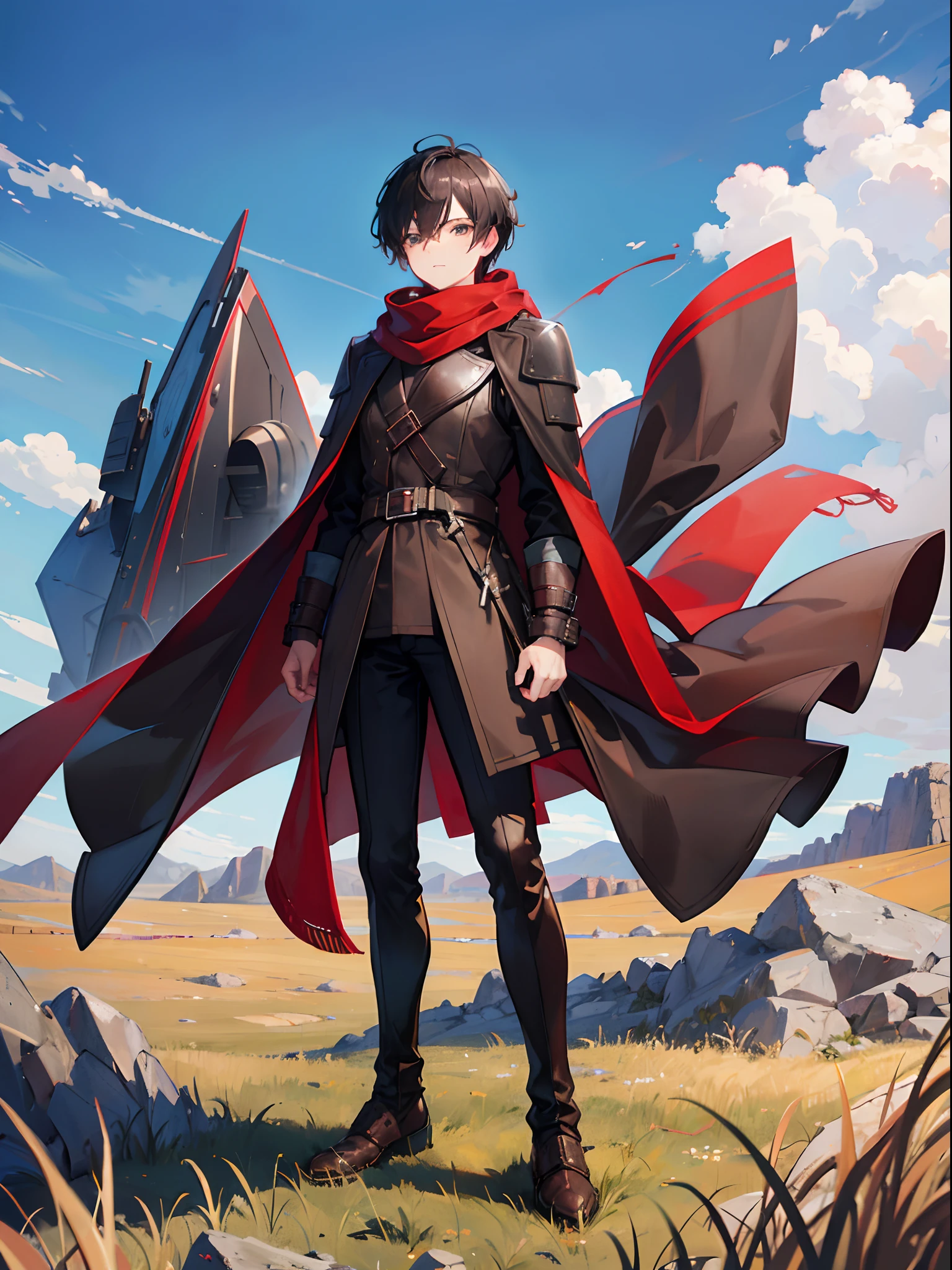 1man, standing, short black hair, gray eyes, brown leather trench coat, red scarf, breastplate, grassland, absurdres, high res, ultrasharp, 8K, masterpiece, looking at viewer, blue sky, full body