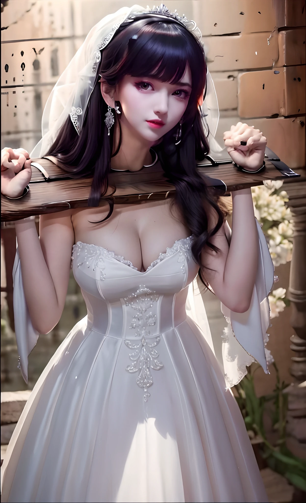 Close-up of a beautiful bride wearing a beautiful wedding dress, Gurwitz,(Pillory:1.5), (flail:1.2), flail on the head, flail on the hands,(bridal veil: 1.5), (transparent short veil: 1.5), flushed face, head flower, tiara, Very detailed princess wedding dress,(tube wedding dress: 1.5), (silk dress: 1.2 ), (strapless wedding dress: 1.5), (floor length skirt:1.2), pure white dress,white long skirt, necklace, earrings, (huge breasts: 1.3), deep V heart-neck wedding dress, bangs, lipstick, (lace gloves: 1.3), high detail RAW Color art,