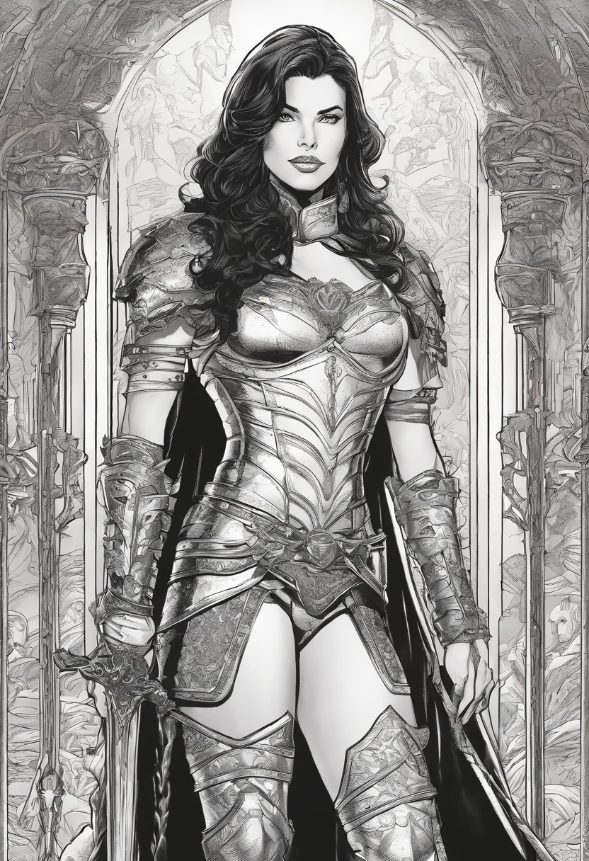 a black and white drawing of a woman in armor, inspired by Clyde Caldwell, in front of a carved screen, phil jimenez, yennefer, detailed hatching, walls, pinup. lord of daggers, intense gaze, 3 0, queen of the night, walking, with an intricate