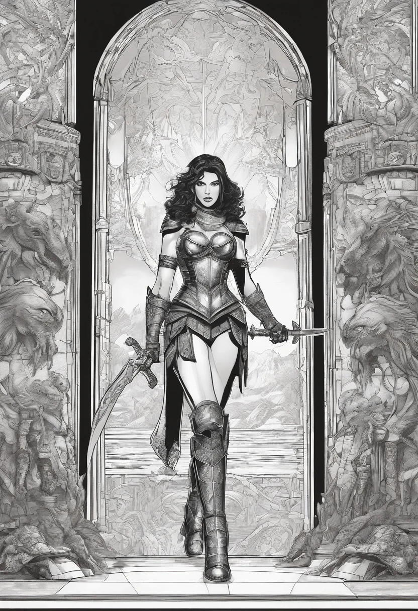 a black and white drawing of a woman in armor, inspired by Clyde Caldwell, in front of a carved screen, phil jimenez, yennefer, detailed hatching, walls, pinup. lord of daggers, intense gaze, 3 0, queen of the night, walking, with an intricate