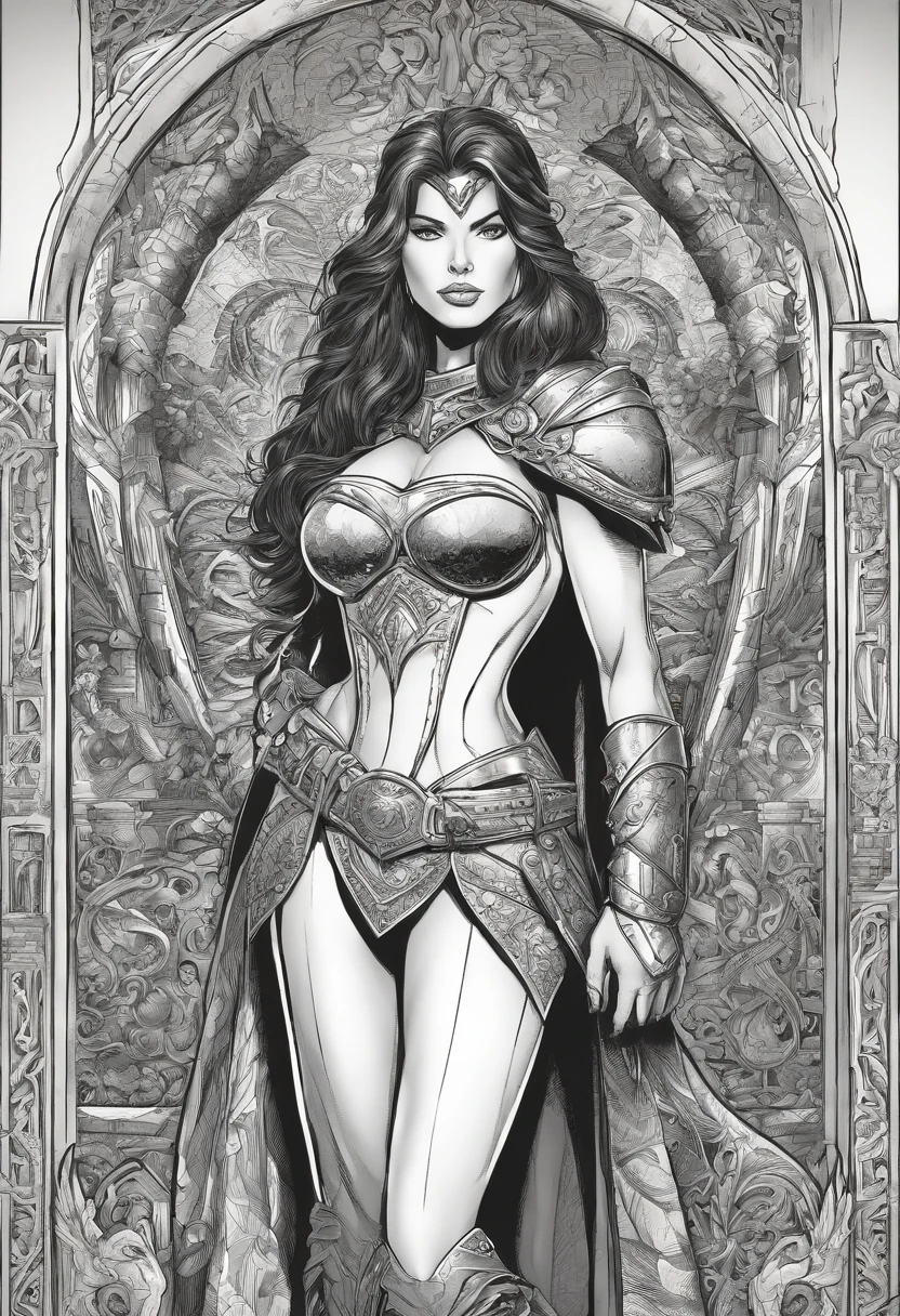 a black and white drawing of a woman in armor, inspired by Clyde Caldwell, in front of a carved screen, phil jimenez, yennefer, detailed hatching, walls, pinup. lord of daggers, intense gaze, 3 0, queen of the night, walking, with an intricate