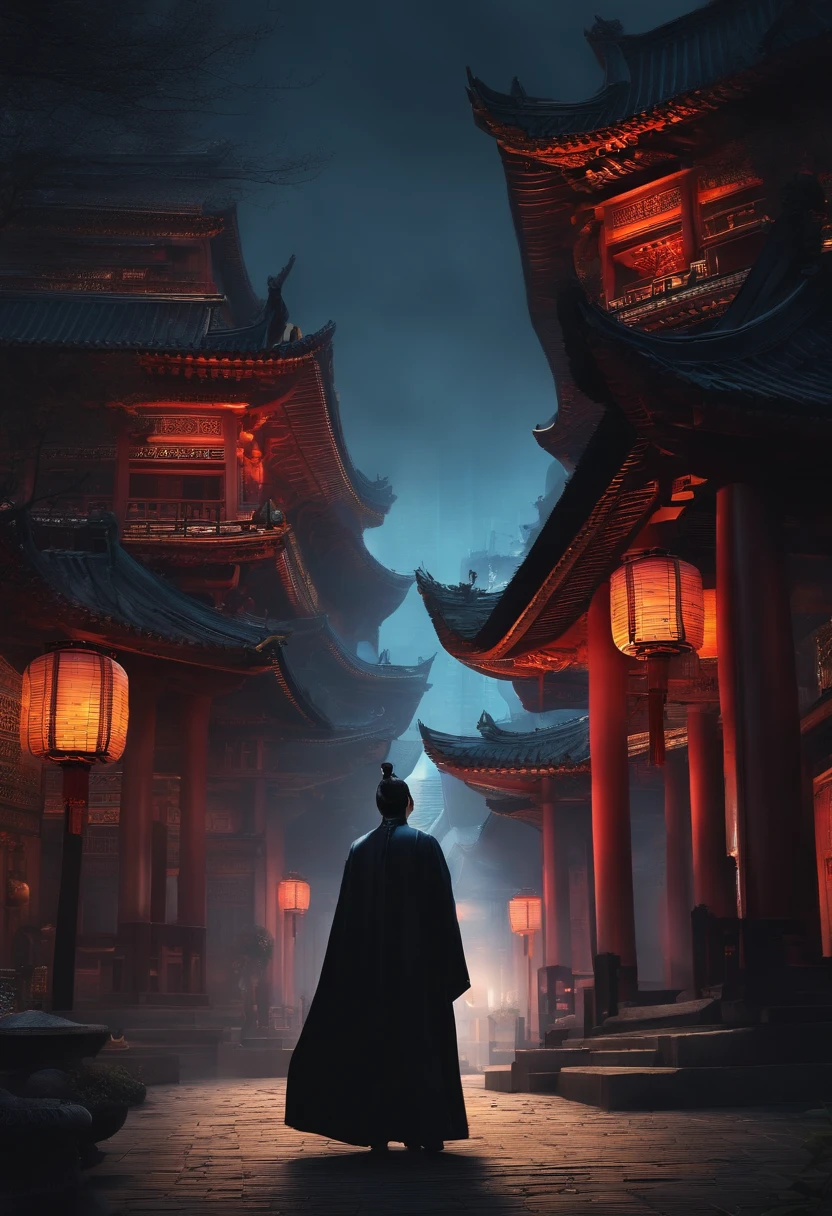 The top half of the picture is a high-rise building with a technological style,Below are ancient Chinese buildings,There is a black-cloaked assassin on the building
