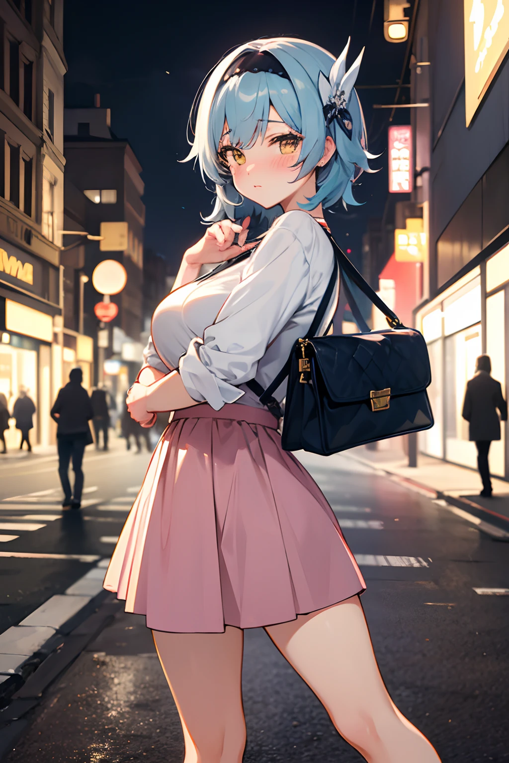 SFW, masterpiece, standing (woman 1), (((cute pose)), ((casual clothes))), yellow eyes,  pouder blue hair, cute blush, (city), wind, blush, ((milf)), night, (((busy street))), perfect hands, purse